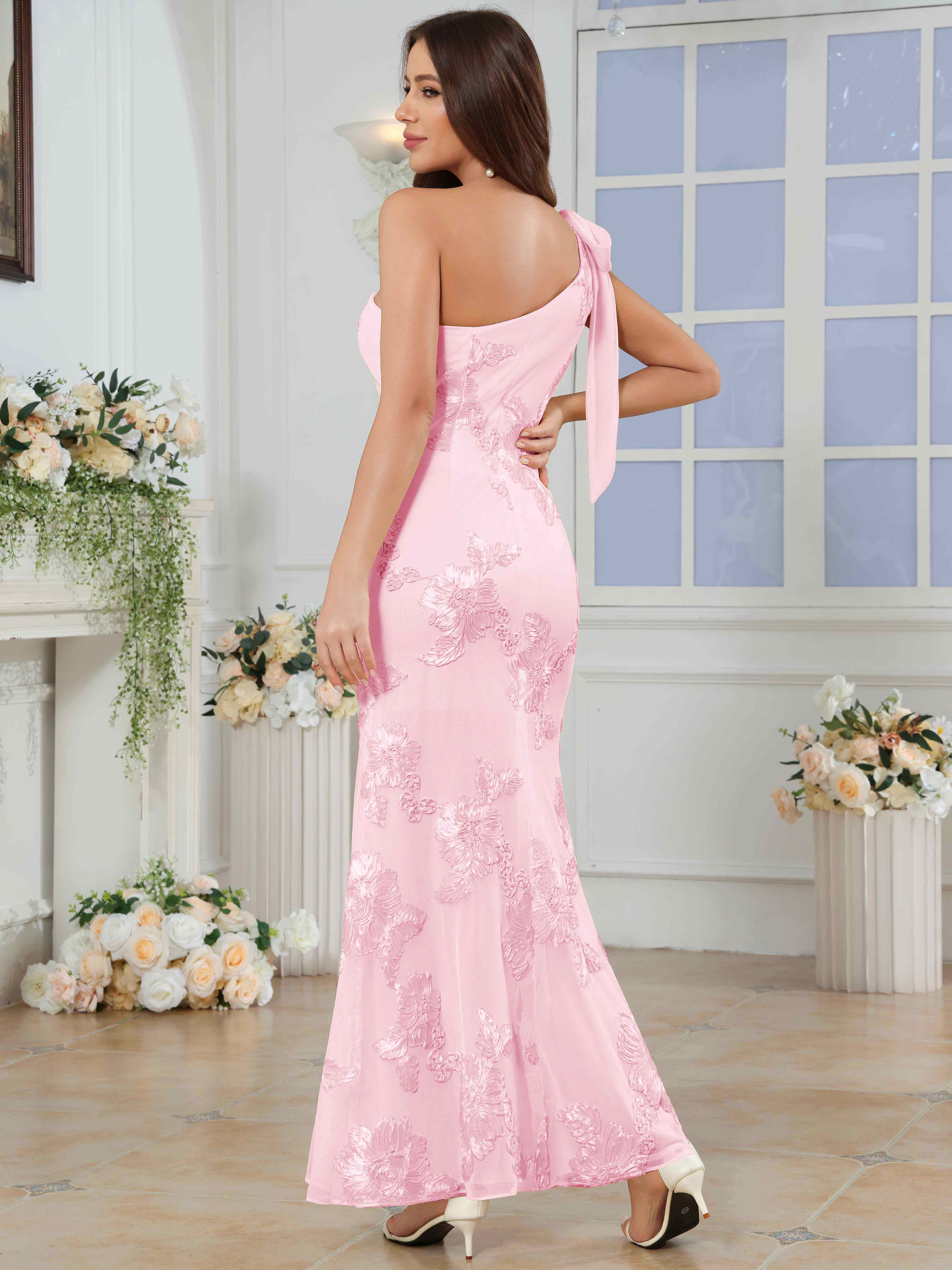 ROVDESY One-Shoulder Mermaid Floral Bridesmaid/Prom Dress