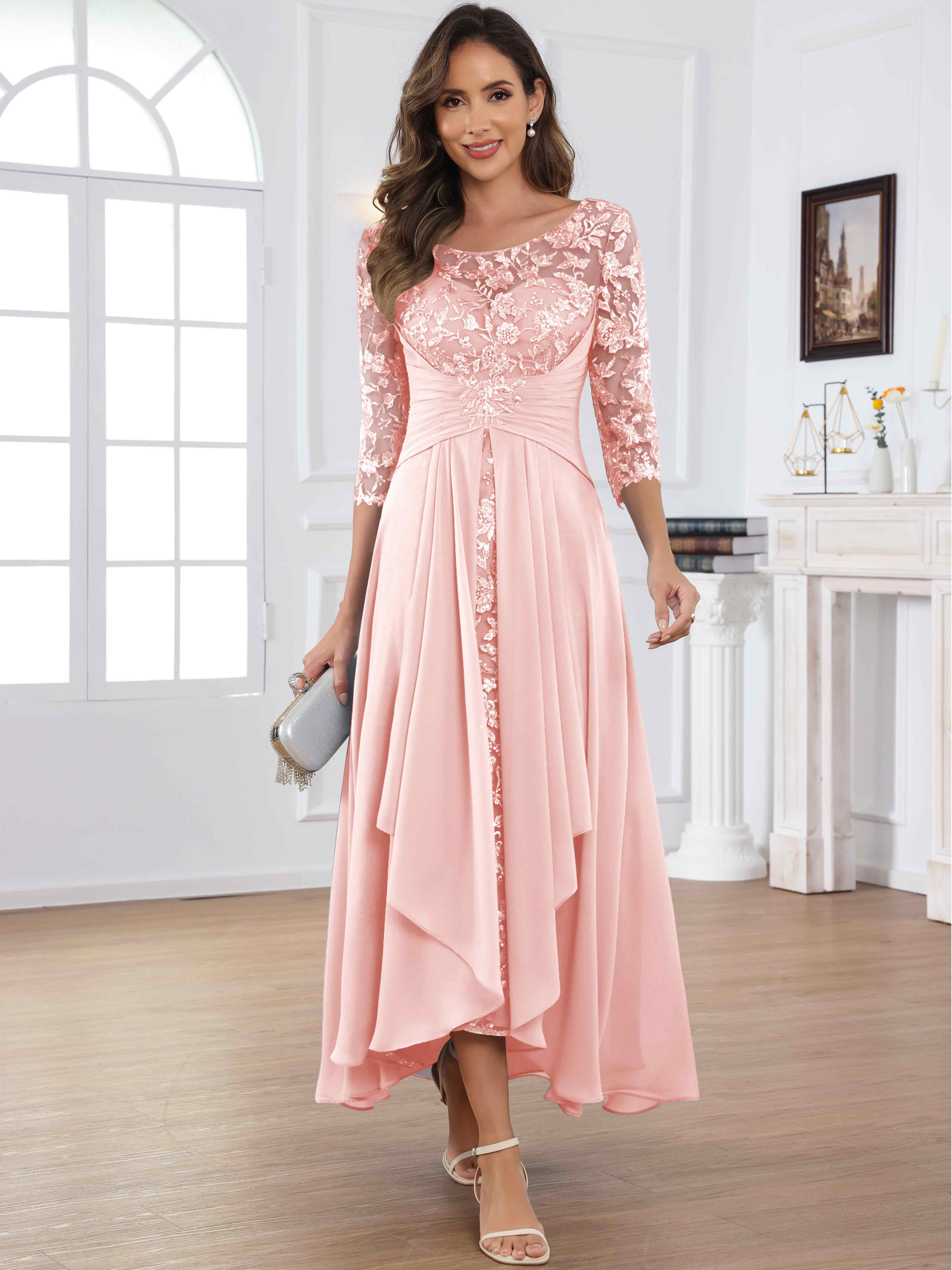 ROVDESY Tea Length Lace Chiffon Mother of The Bride Dress with 3/4 Sleeves