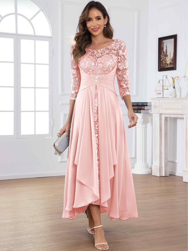 Tea Length Lace Chiffon Mother of The Bride Dress with 3/4 Sleeves