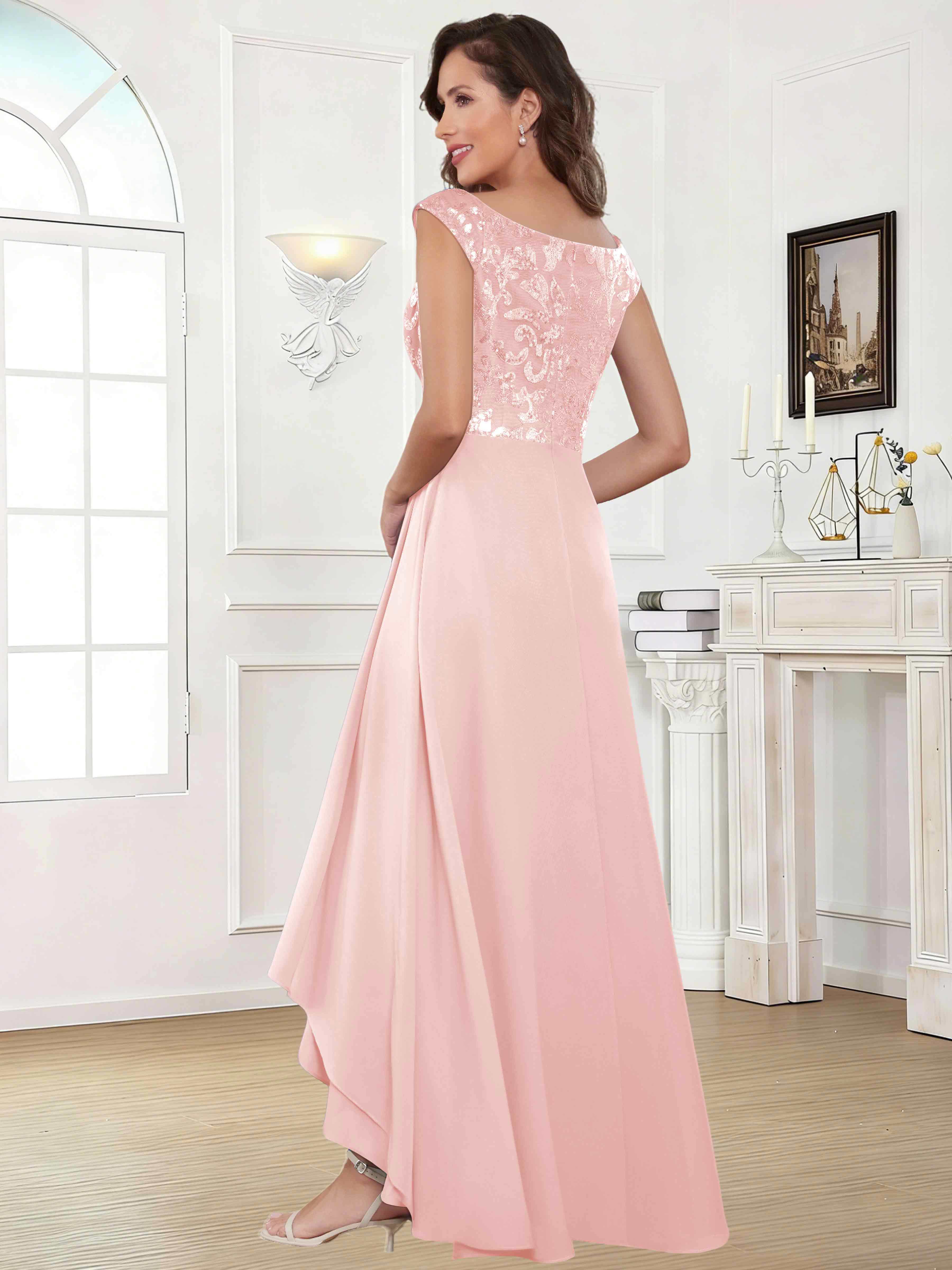 ROVDESY Tea Length Off-The-Shoulder Sequin Chiffon Mother Of The Bride Dress