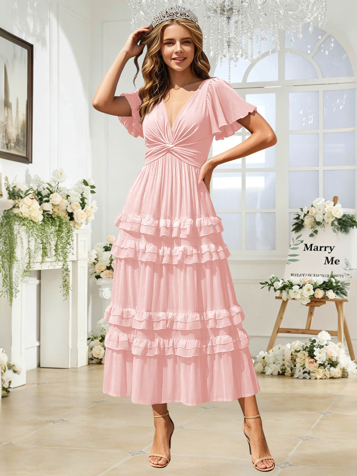 A Line Chiffon Pleated Bridesmaid Dress with Sleeves