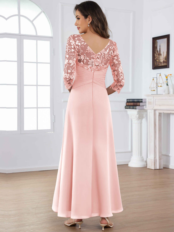 Tea Length Lace Chiffon Mother of The Bride Dress with 3/4 Sleeves