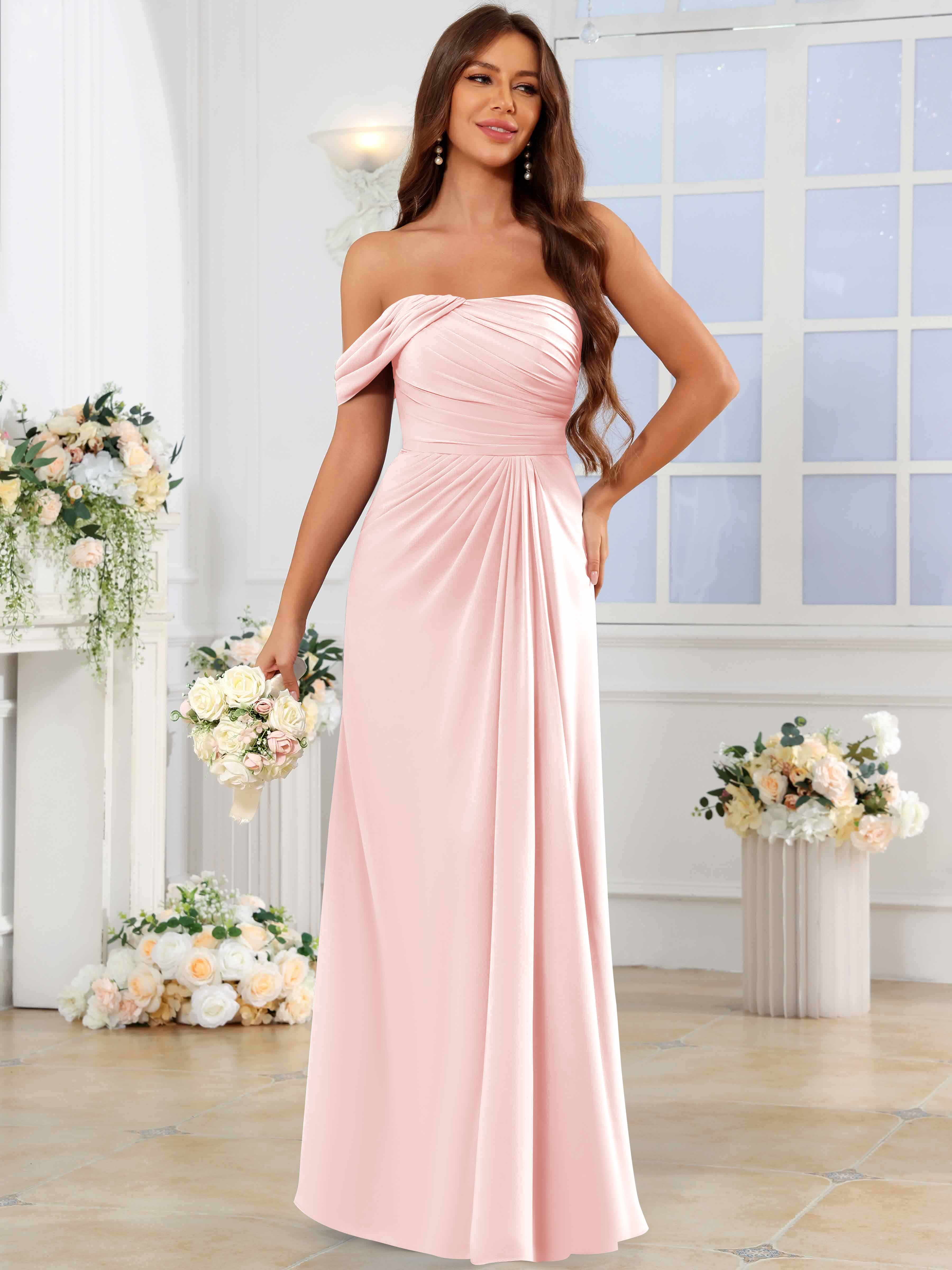 ROVDESY One Shoulder Off The Shoulder Pleated Chiffon Bridesmaid Dress