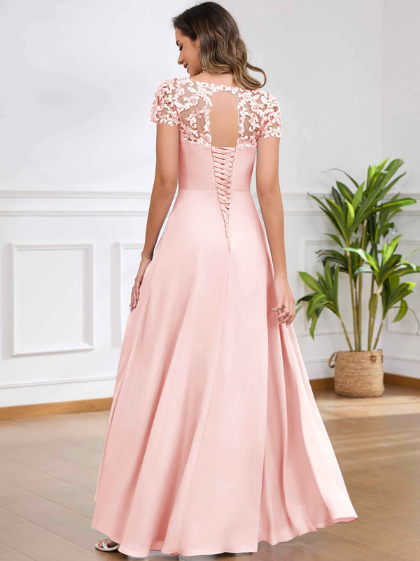 A-Line Pleated Lace Sequin Ruffle Chiffon Mother Of The Bride Dress With Slit