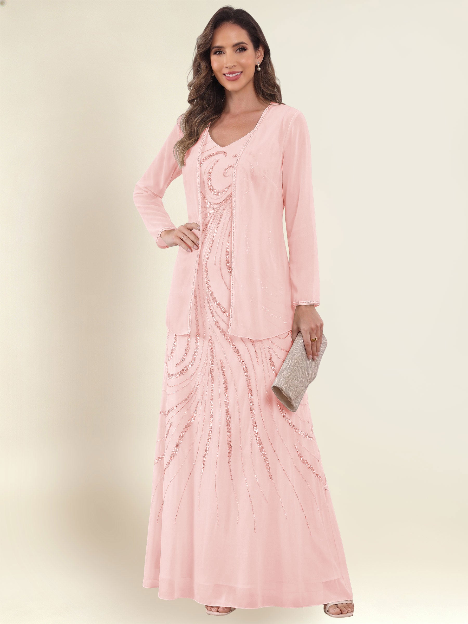 ROVDESY 2 Pieces V-Neck Sequin Chiffon Long Mother Of The Bride Dress With Long Sleeve Jacket