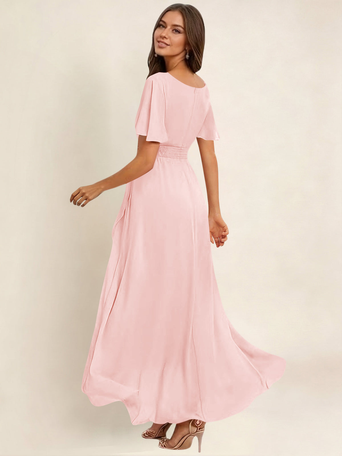 ROVDESY A-Line High Low Round Neck Pleated Ruffle Chiffon Bridesmaid Dress With Short Sleeves