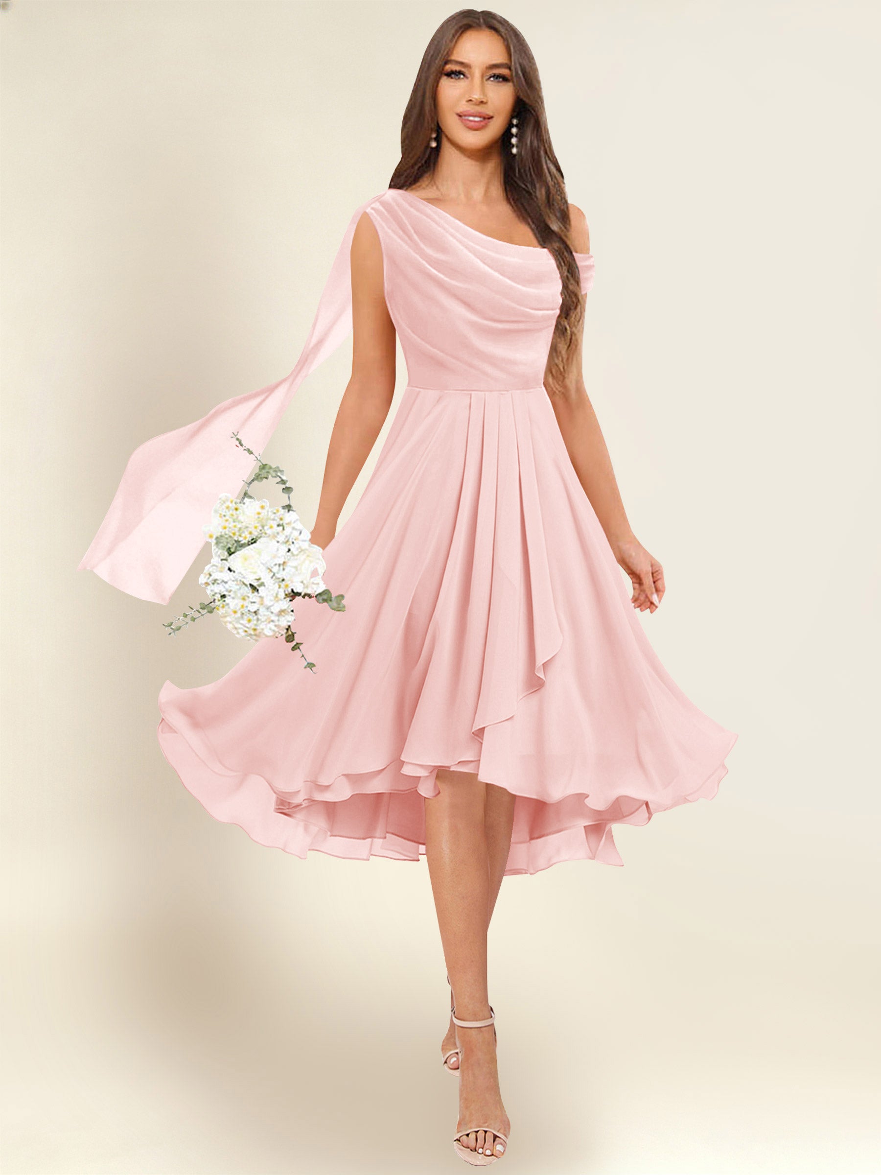 ROVDESY A-Line One Shoulder Pleated Chiffon Bridesmaid Dress With Flowing Sash