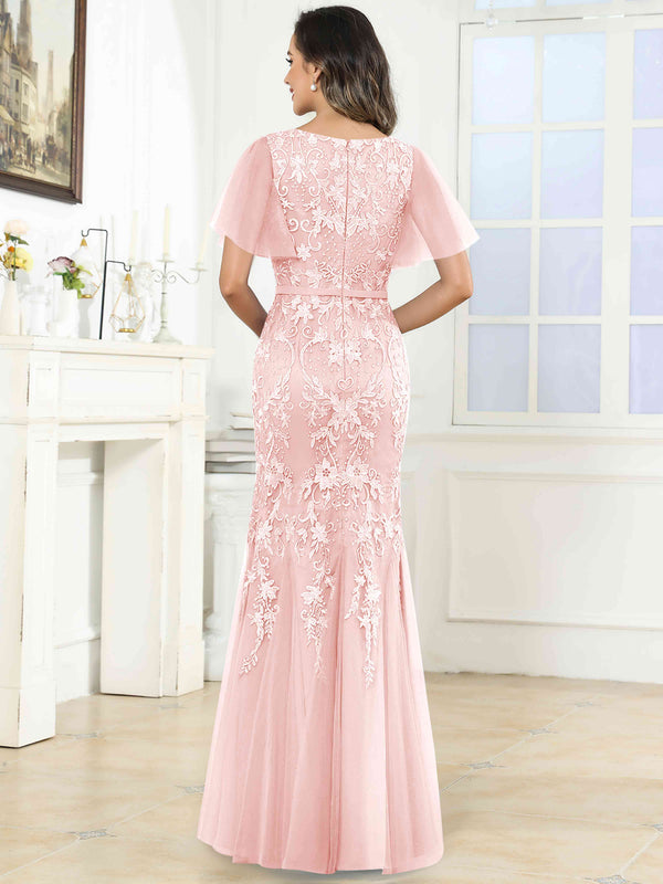 Elegant V-Neck Lace Mermaid Long Mother Of The Bride Dress Formal Gown With Sleeves
