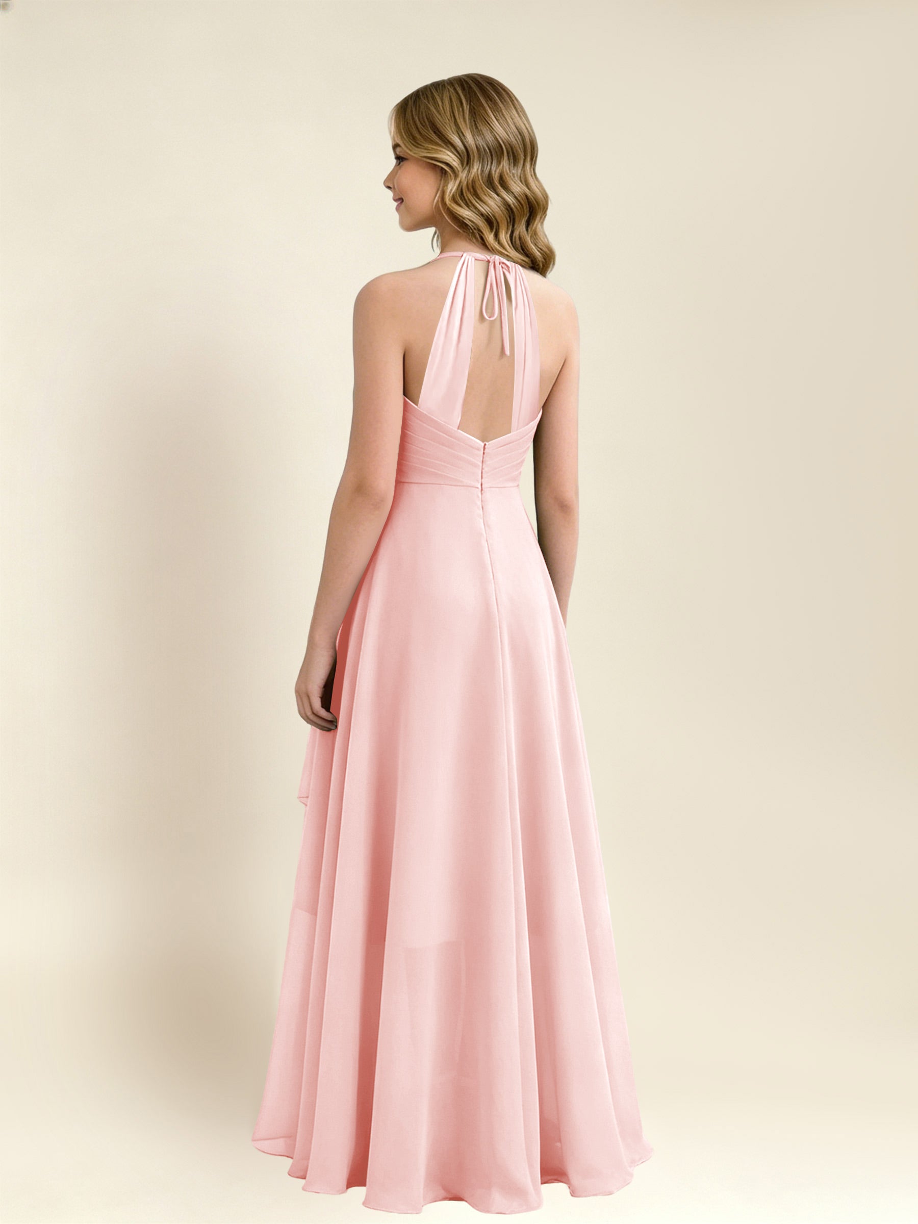 ROVDESY A-Line Halter Pleated Chiffon Junior Bridesmaid Dress