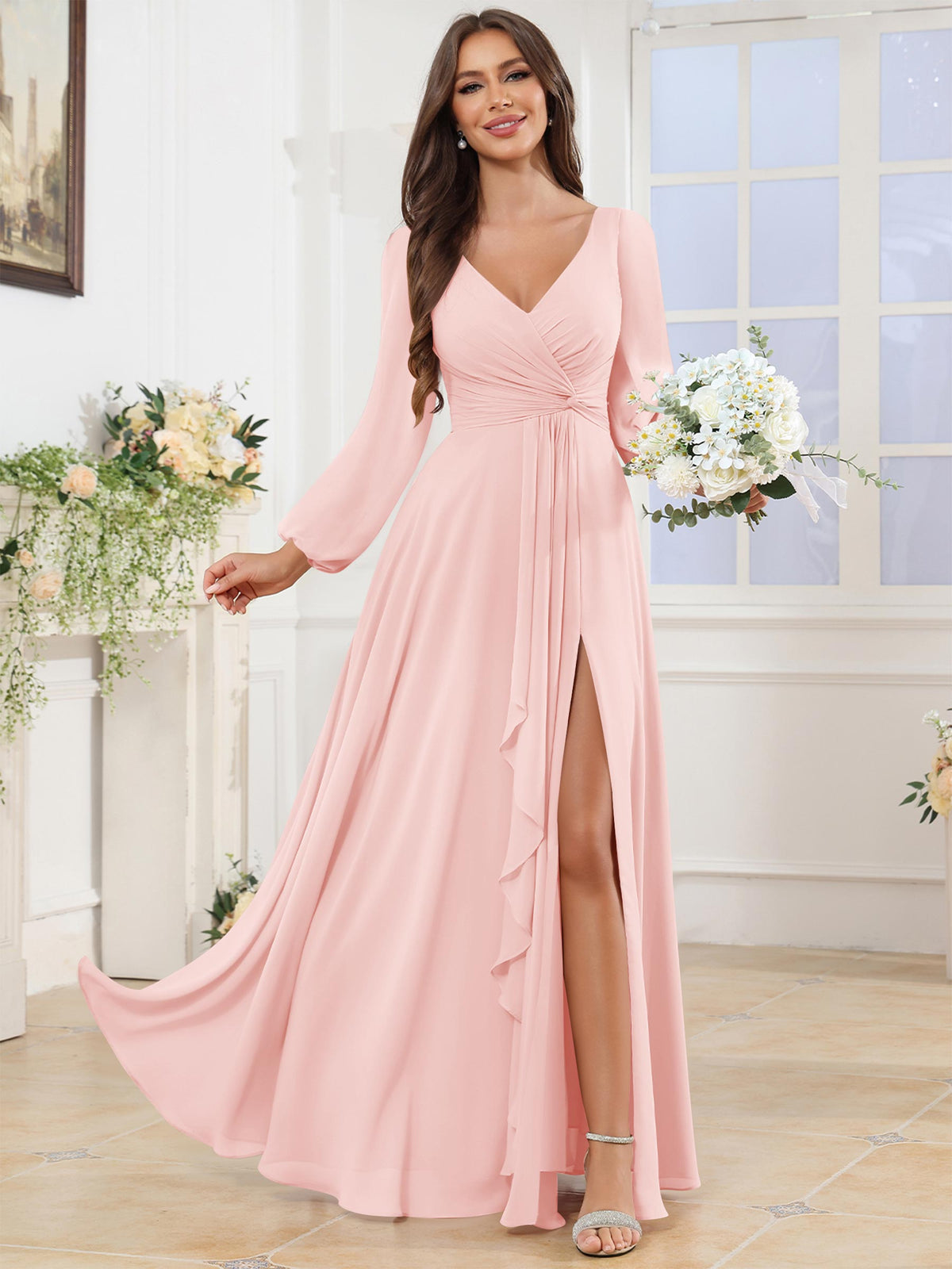 V Neck Chiffon Long Sleeve Bridesmaid Dresses with Slit