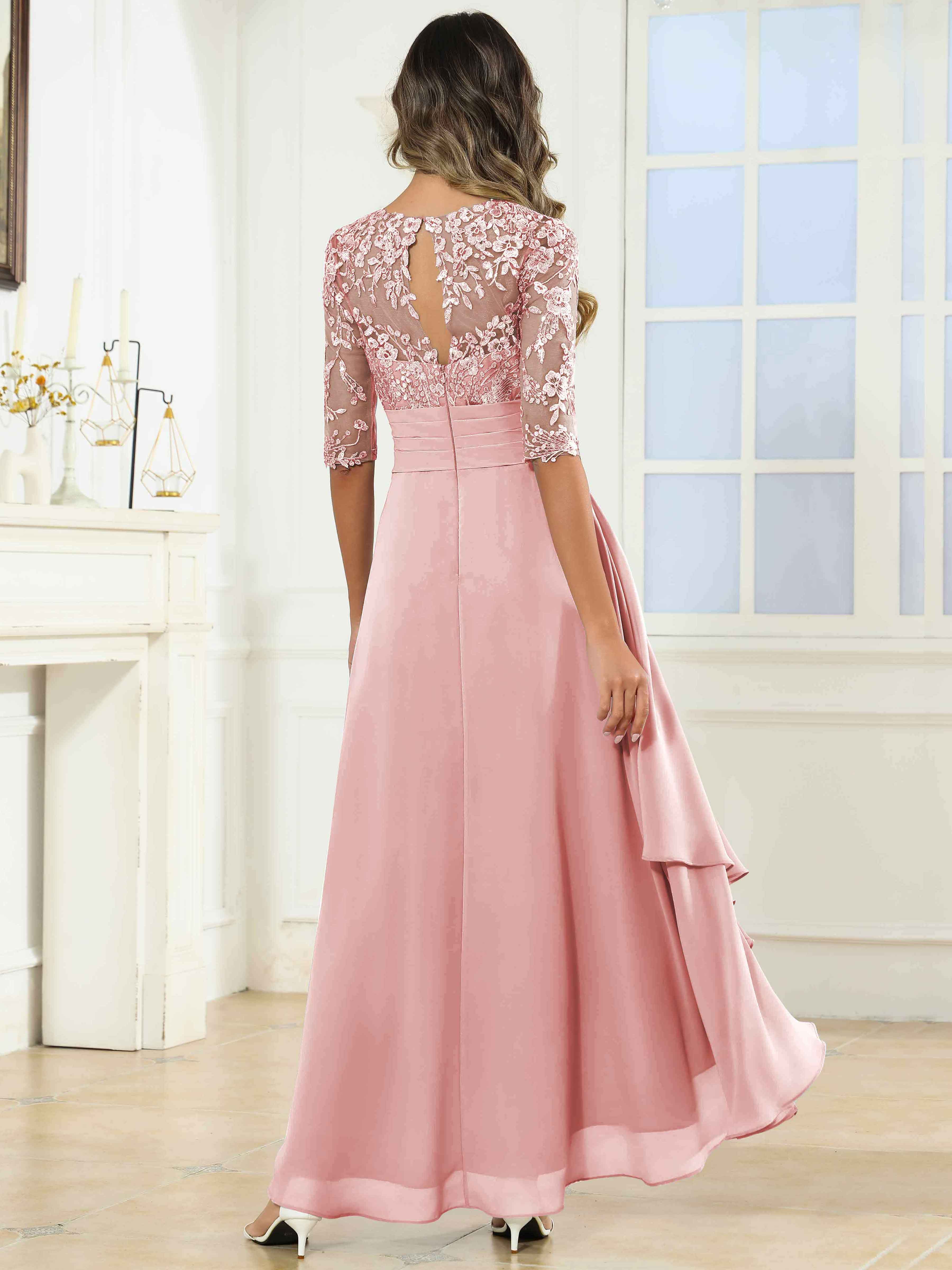 ROVDESY Tea Length A-Line Lace Chiffon Mother Of The Bride Dress With Half Sleeves