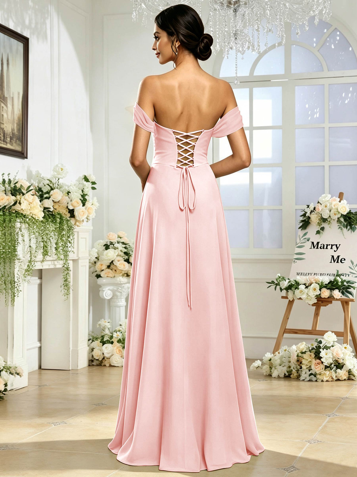 Off the Shoulder Chiffon A Line Long Bridesmaid Dress with Slit