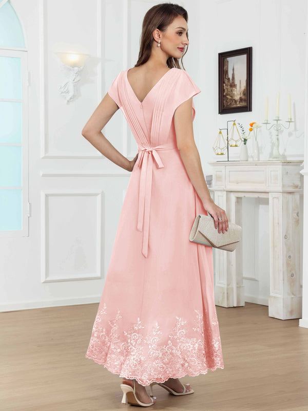 Tea Length High-Low V-Neck Ruched Lace Chiffon Mother of The Bride Dress for Women