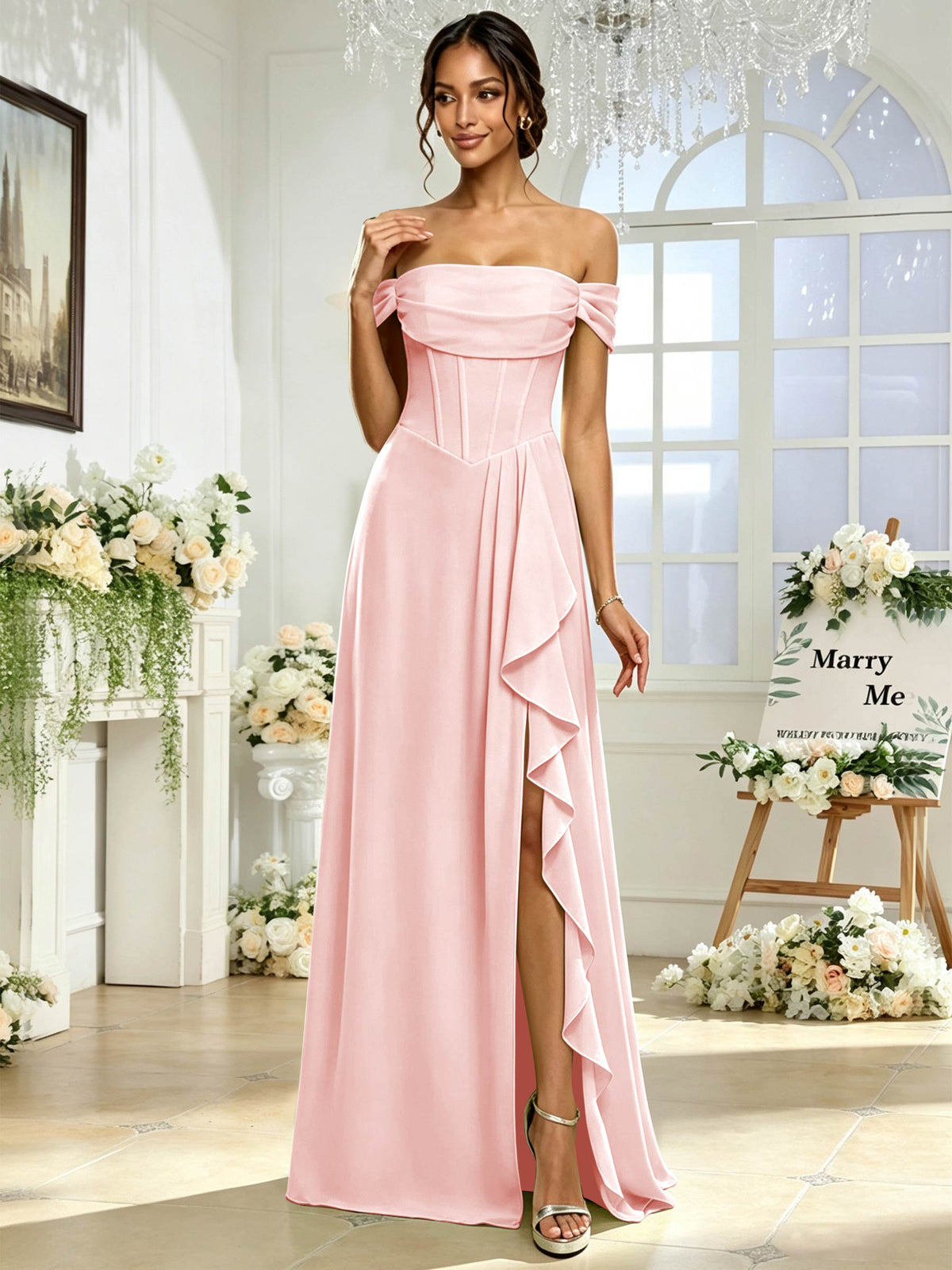Off the Shoulder Chiffon A Line Long Bridesmaid Dress with Slit