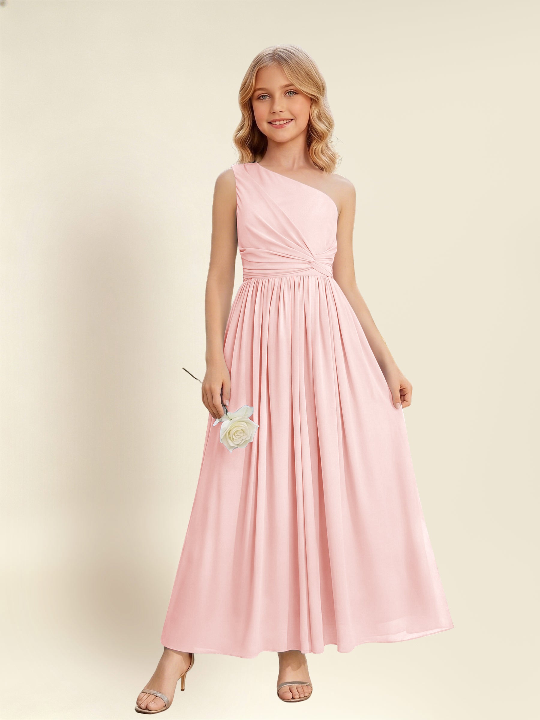 ROVDESY One Shoulder Twist Waist Chiffon Junior Bridesmaid Maxi Dress