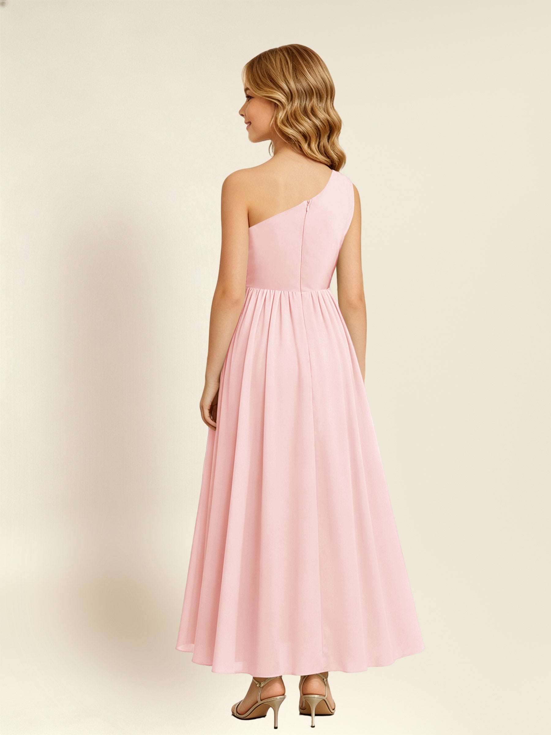 ROVDESY One Shoulder Twist Waist Chiffon Junior Bridesmaid Maxi Dress