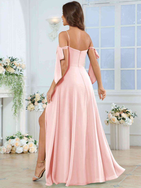 Spaghetti Strap Pleated Ruffle Slit Chiffon Bridesmaid Dress With Bow Sleeves