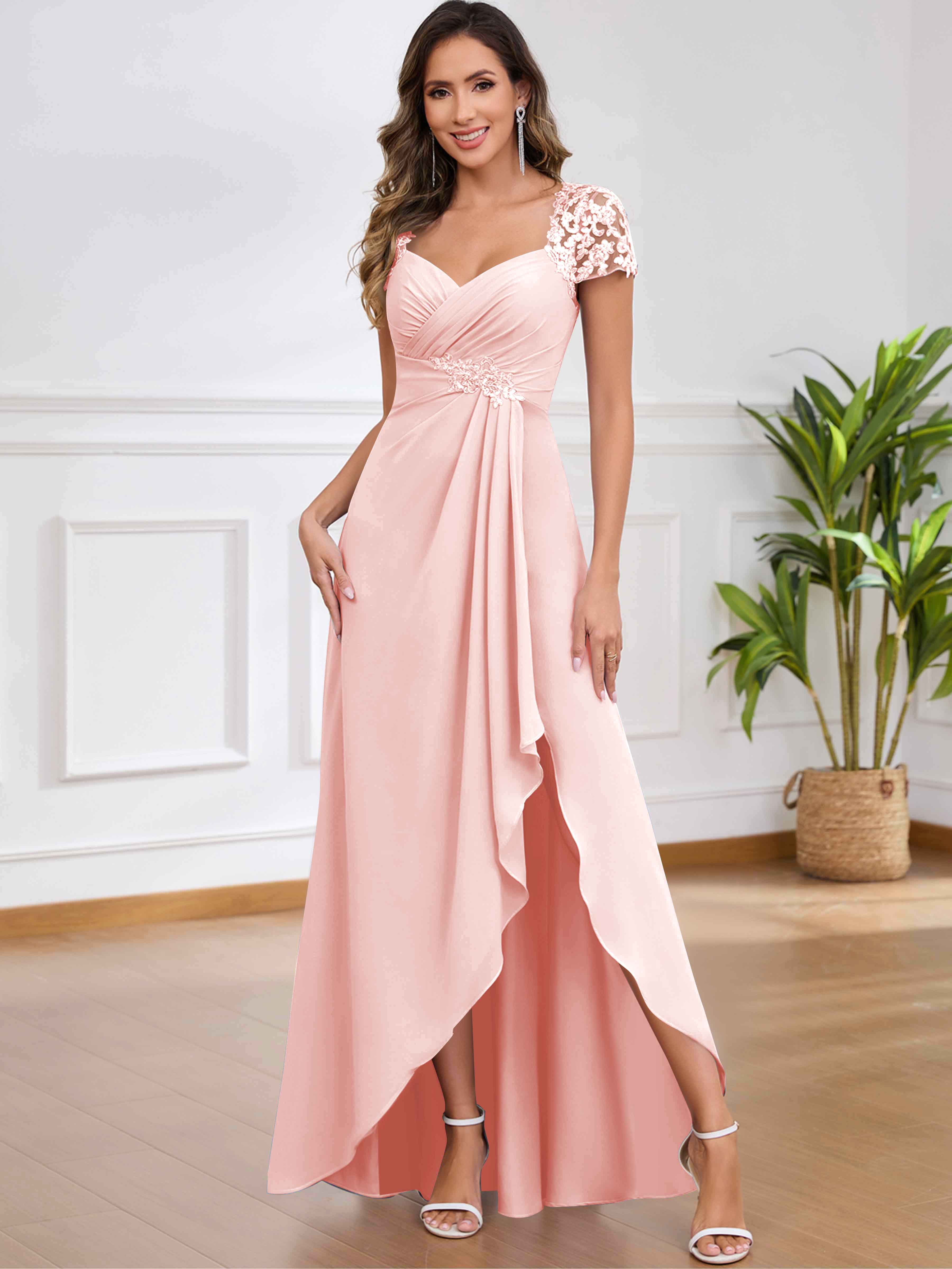 ROVDESY A-Line Pleated Lace Sequin Ruffle Chiffon Mother Of The Bride Dress With Slit