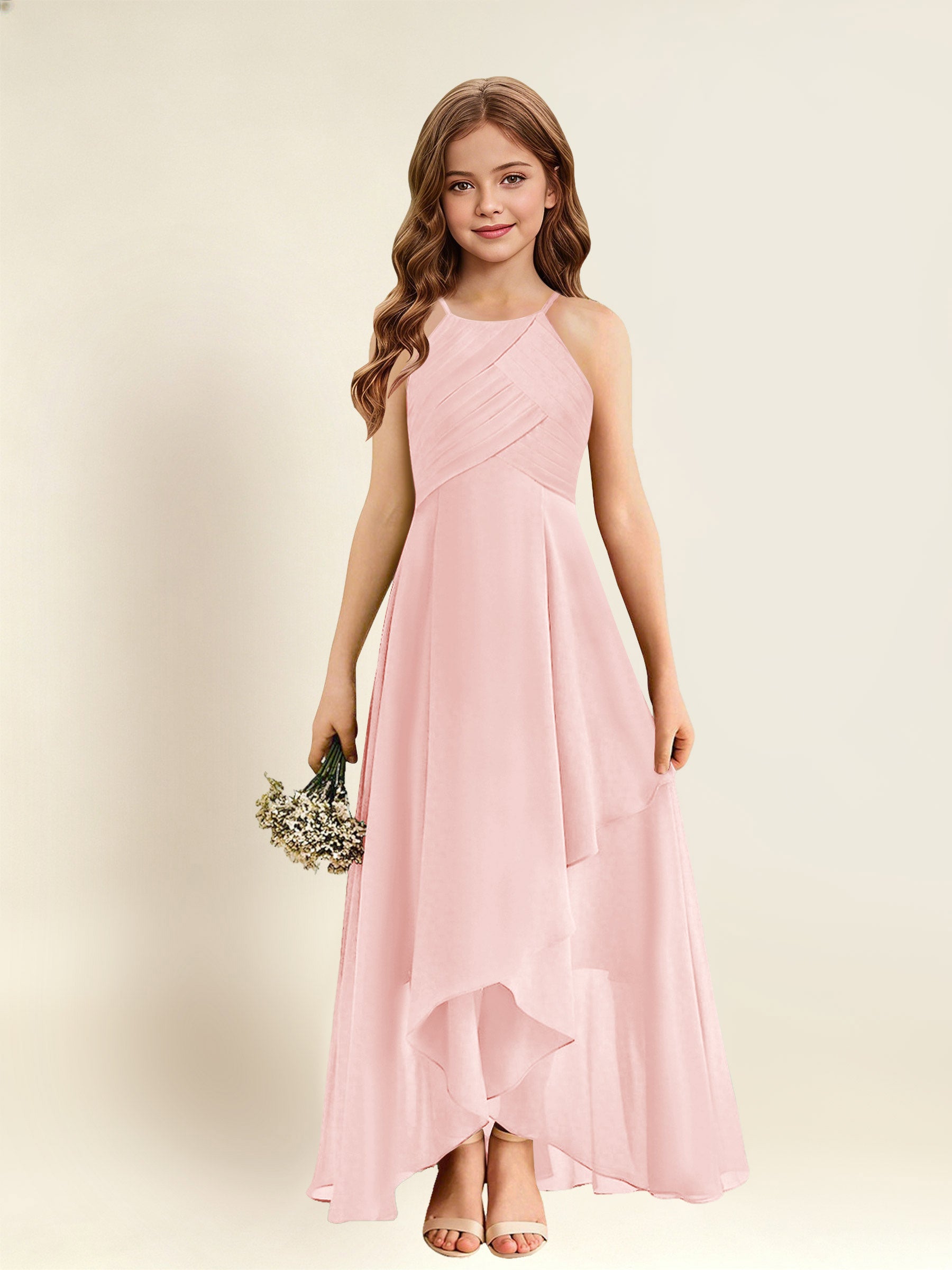 ROVDESY A-Line Halter Pleated Chiffon Junior Bridesmaid Dress