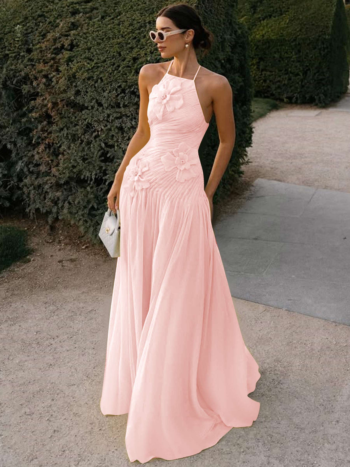 Halter Long Pleated Chiffon Prom Dress with 3D Flower