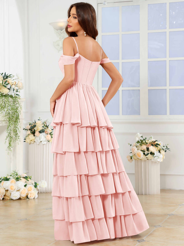 A-Line Off The Shoulder Tiered Chiffon Bridesmaid/Prom Dress With Slit