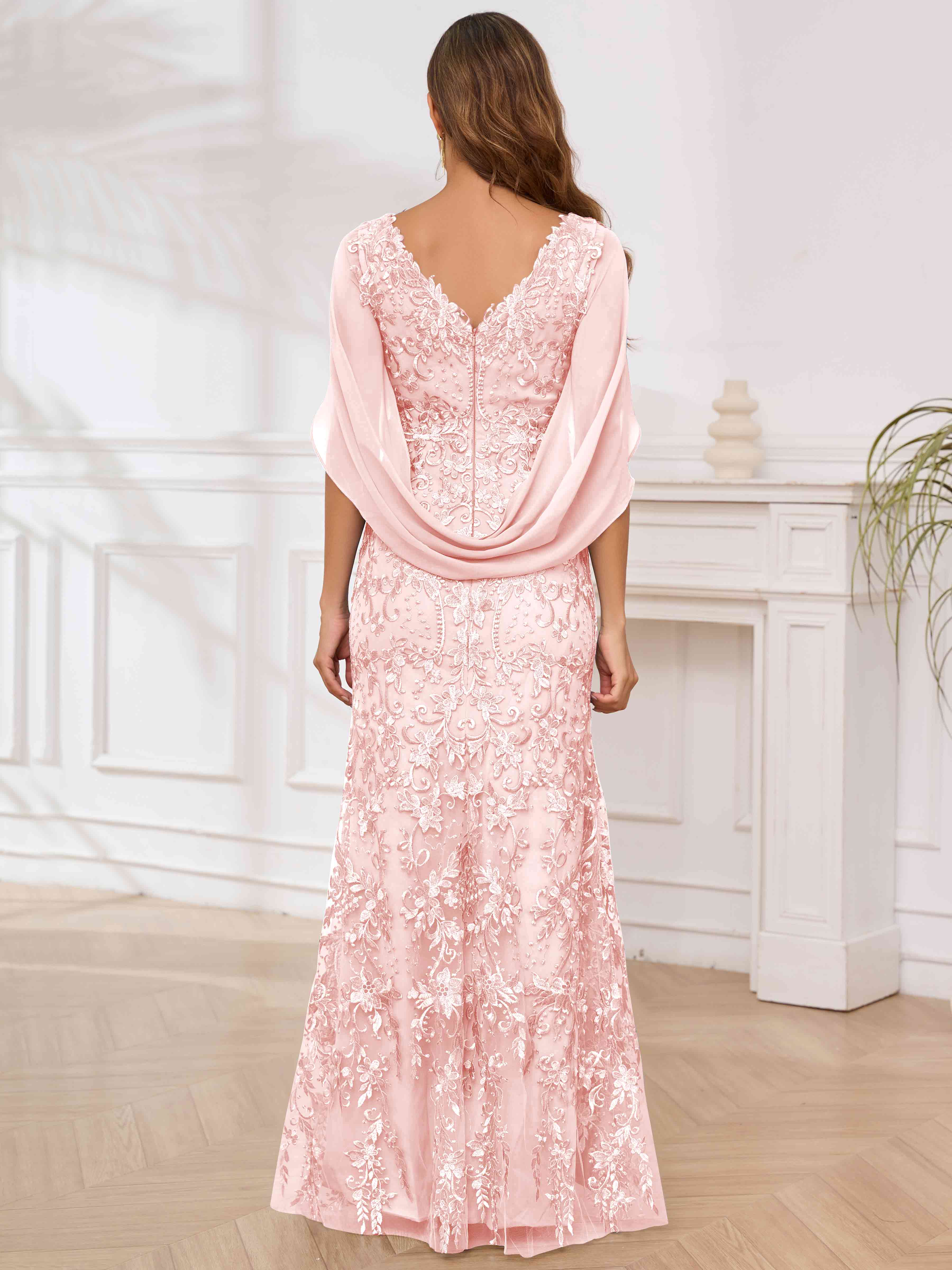 ROVDESY V-Neck Lace Mermaid Mother Of The Bride Dress With Cape Sleeves Long Formal Gown