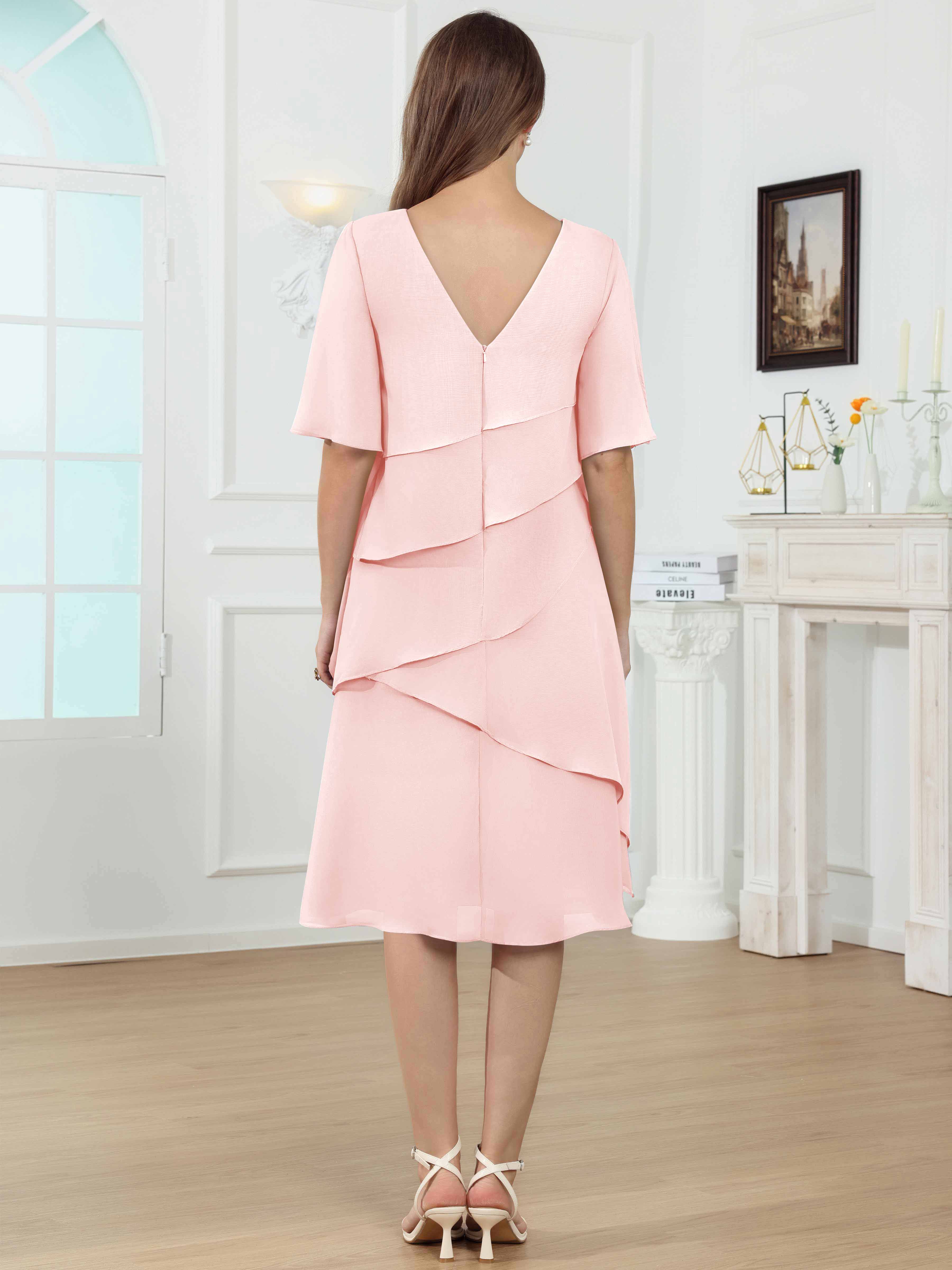 ROVDESY Knee Length Tiered Ruffle Chiffon Mother Of The Bride Dress With Half Sleeves