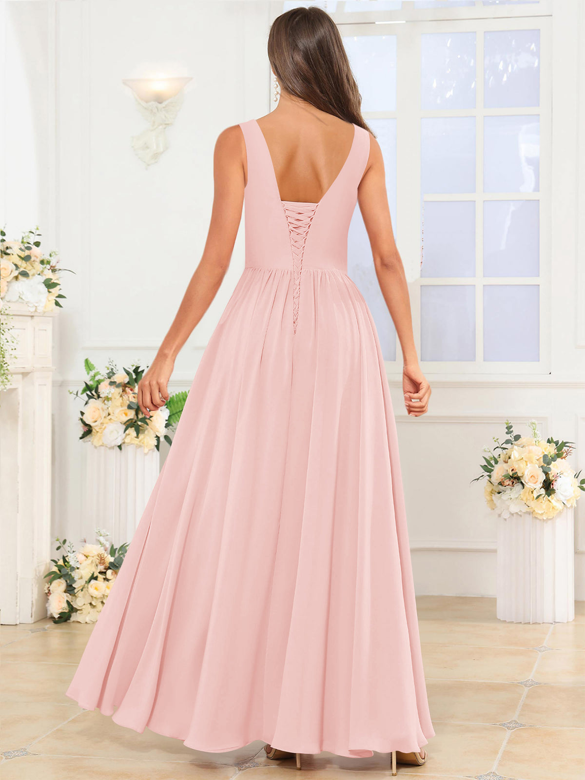 V Neck Chiffon A Line Bridesmaid Dress with Slit
