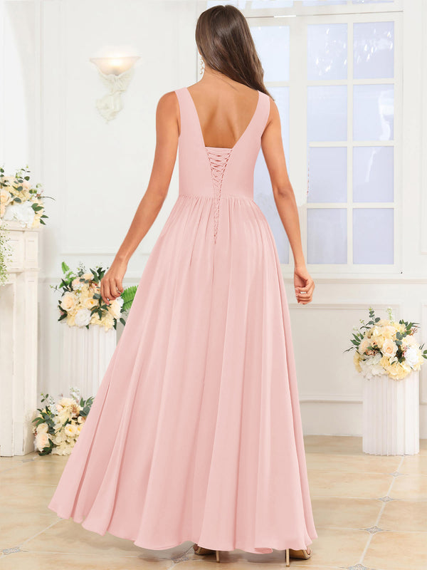 V Neck Chiffon A Line Bridesmaid Dress with Slit