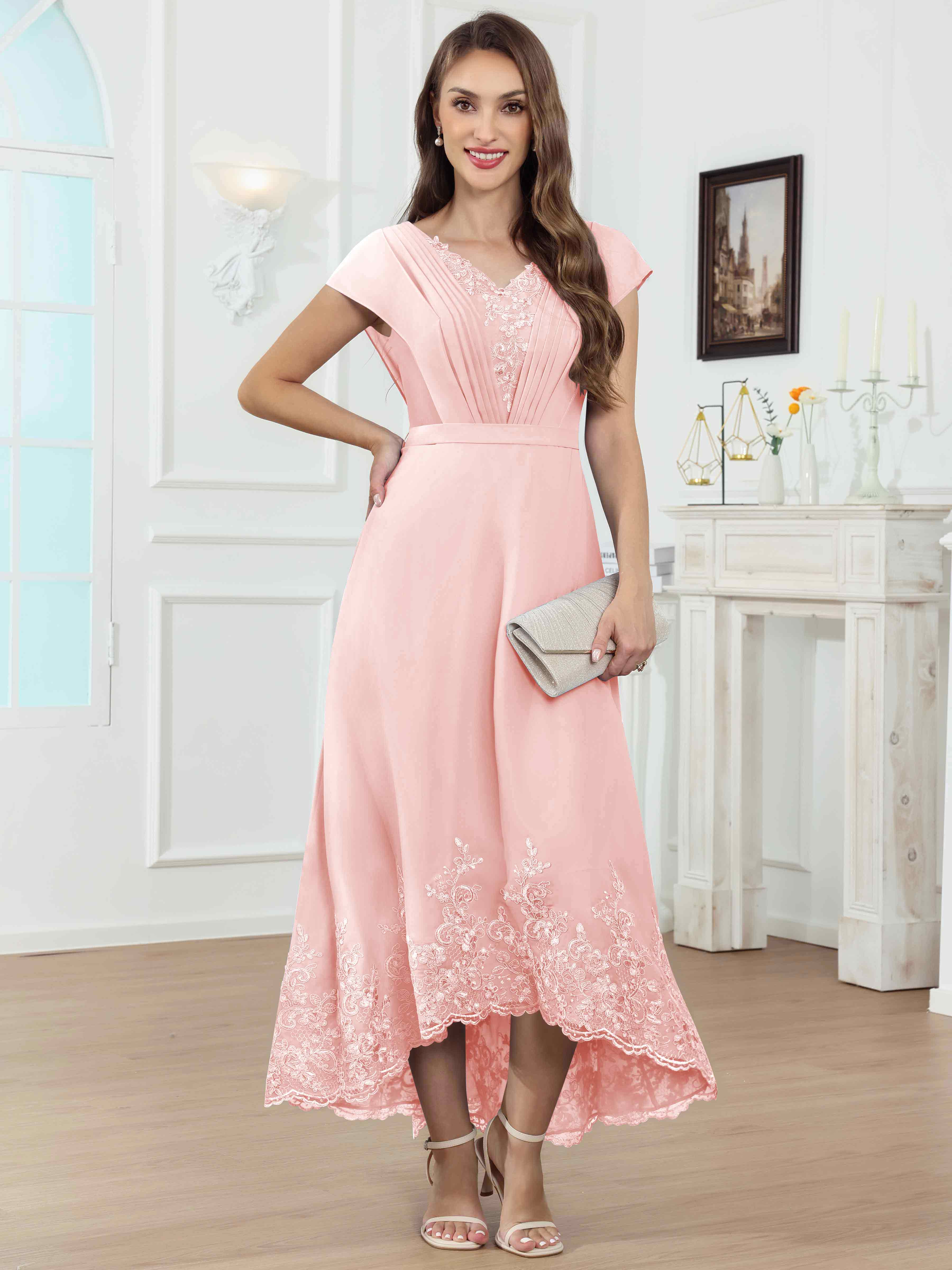 ROVDESY Tea Length High-Low V-Neck Ruched Lace Chiffon Mother of The Bride Dress for Women