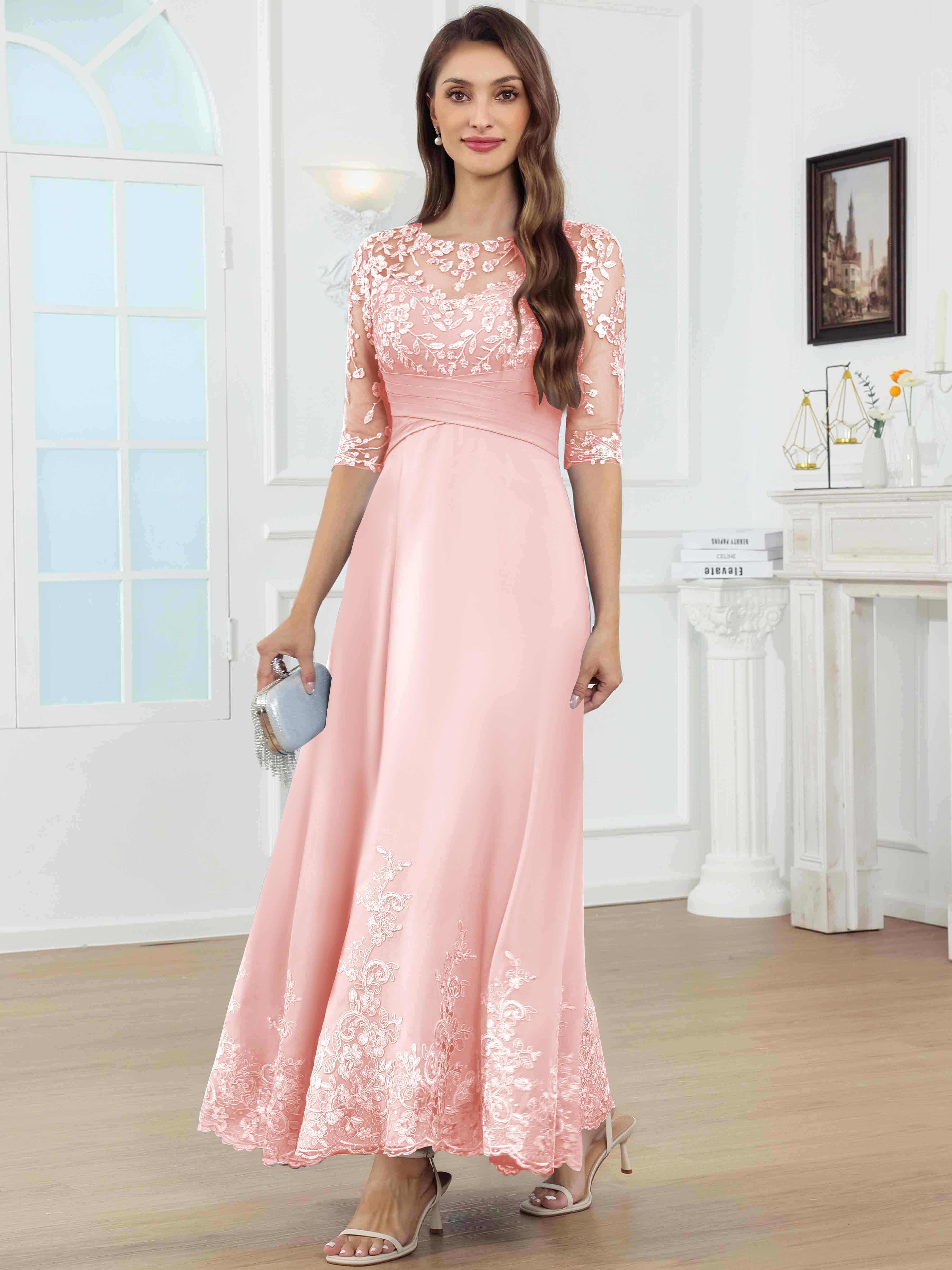 ROVDESY A-Line Lace Sequin Pleated Chiffon Mother Of The Bride Dress With Half Sleeves