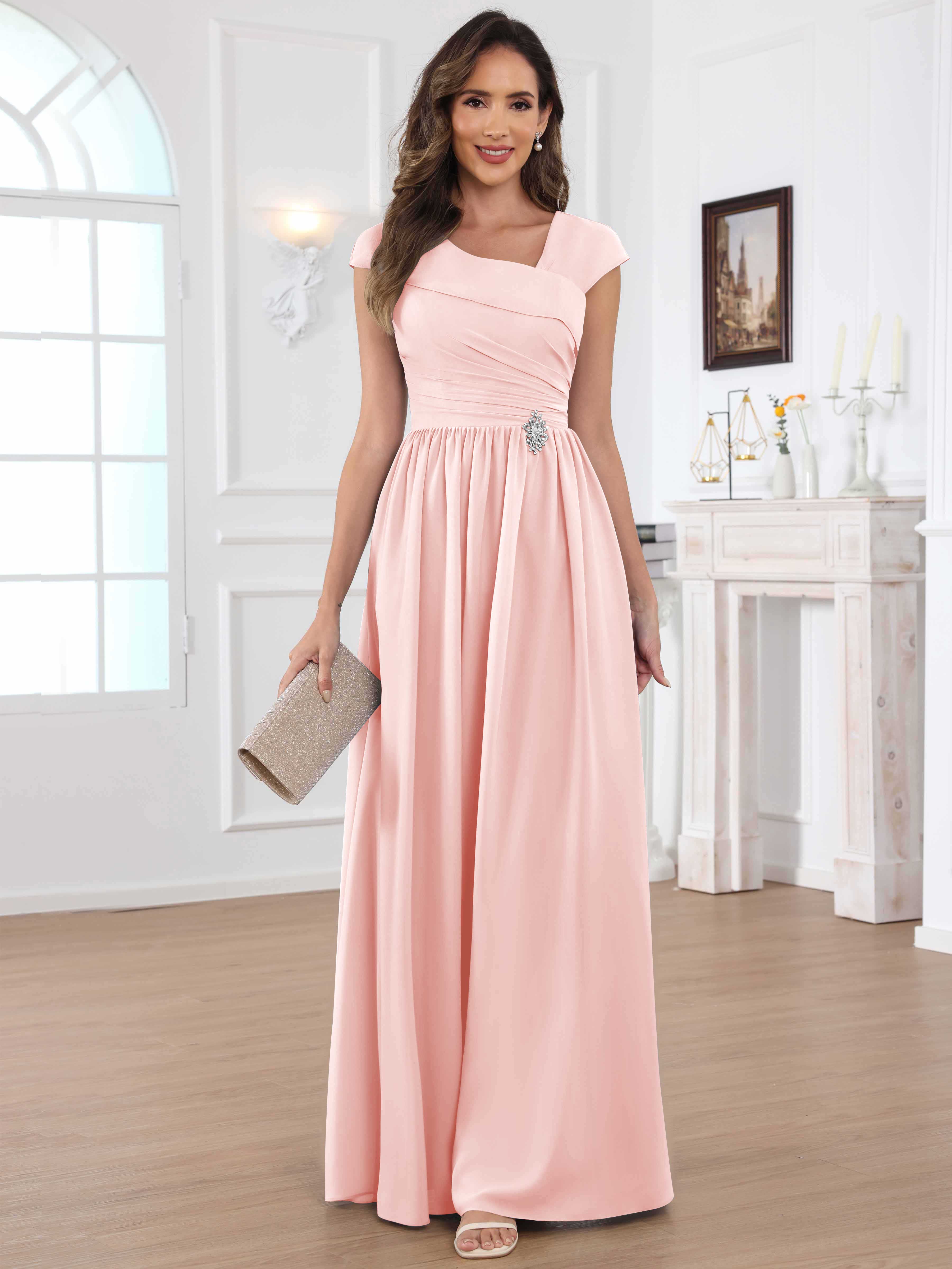 ROVDESY A-Line Cap Sleeves Pleated Chiffon Mother Of The Bride Dress