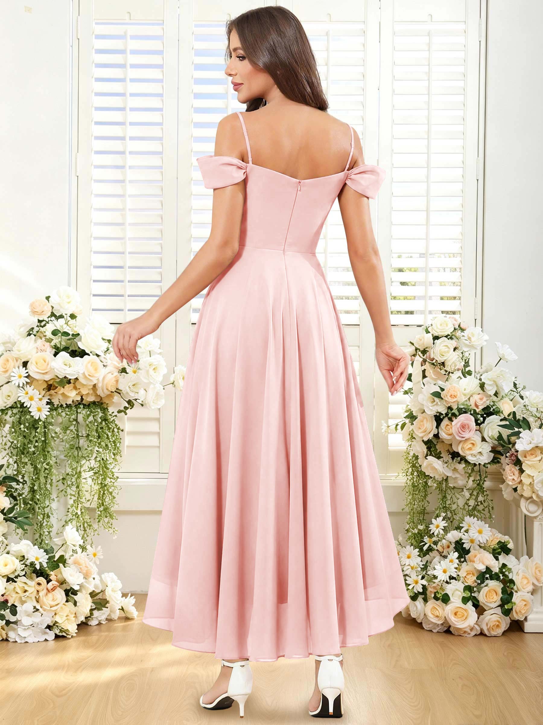 ROVDESY ROVDESY Short Cold Shoulder Sweetheart High Low Pleated Chiffon Bridesmaid Dress