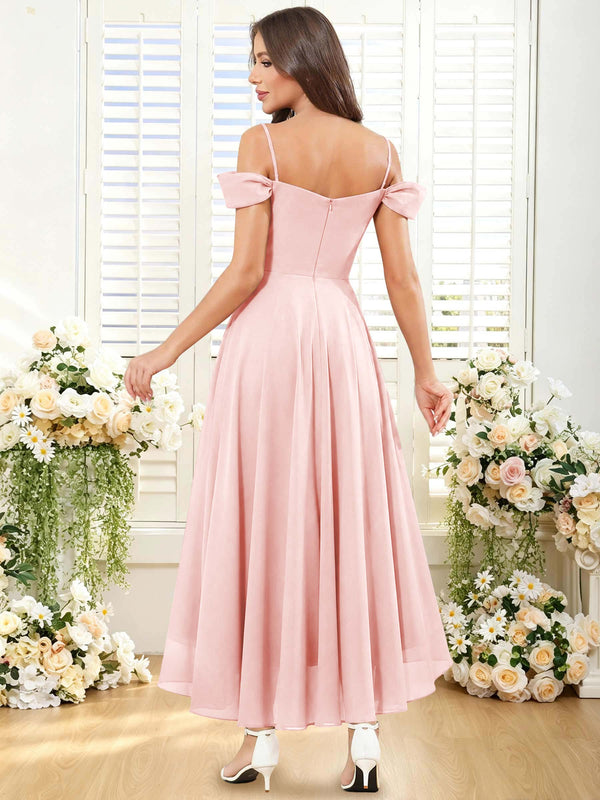 Short Cold Shoulder Sweetheart High Low Pleated Chiffon Bridesmaid Dress