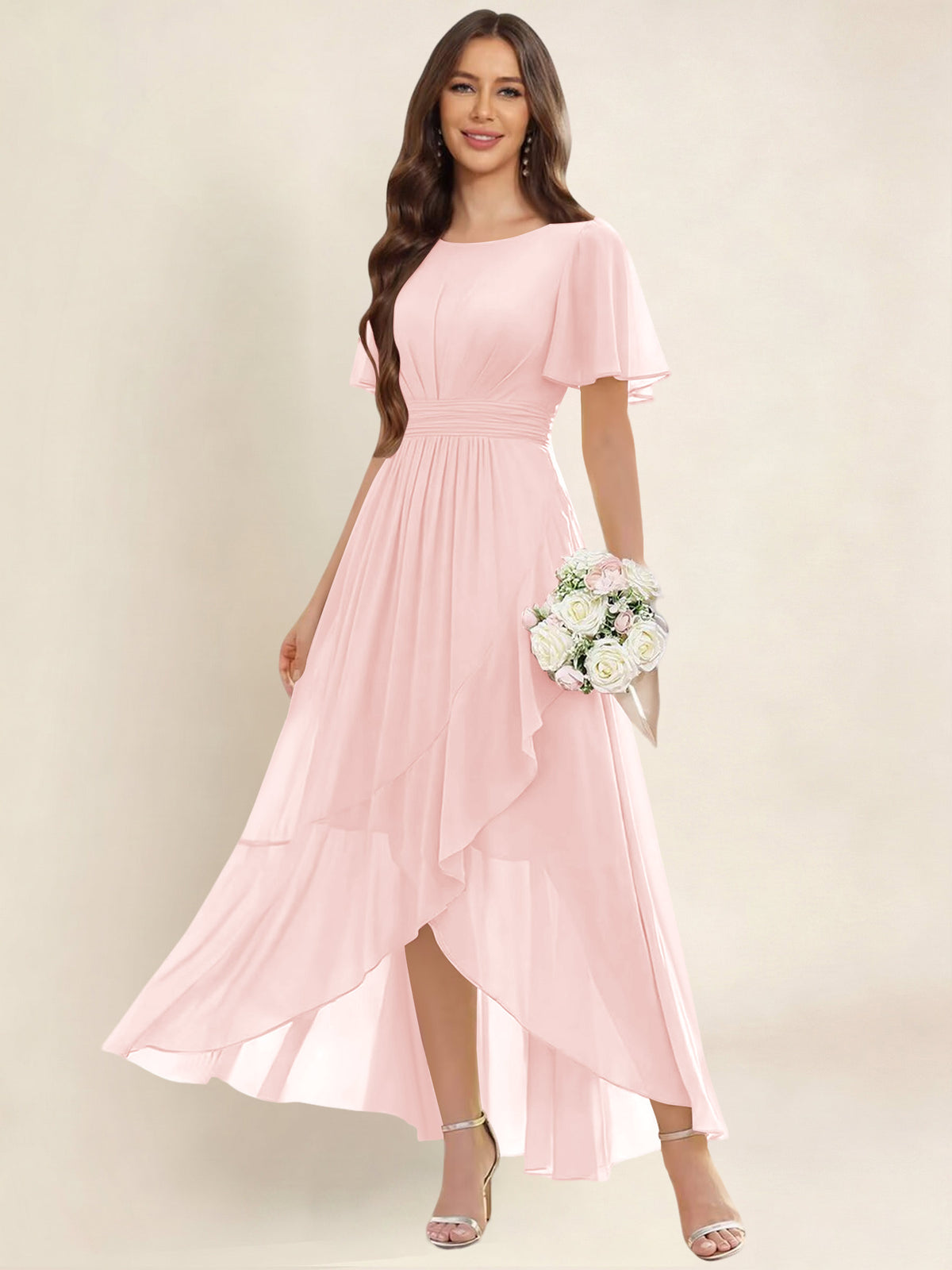 ROVDESY A-Line High Low Round Neck Pleated Ruffle Chiffon Bridesmaid Dress With Short Sleeves