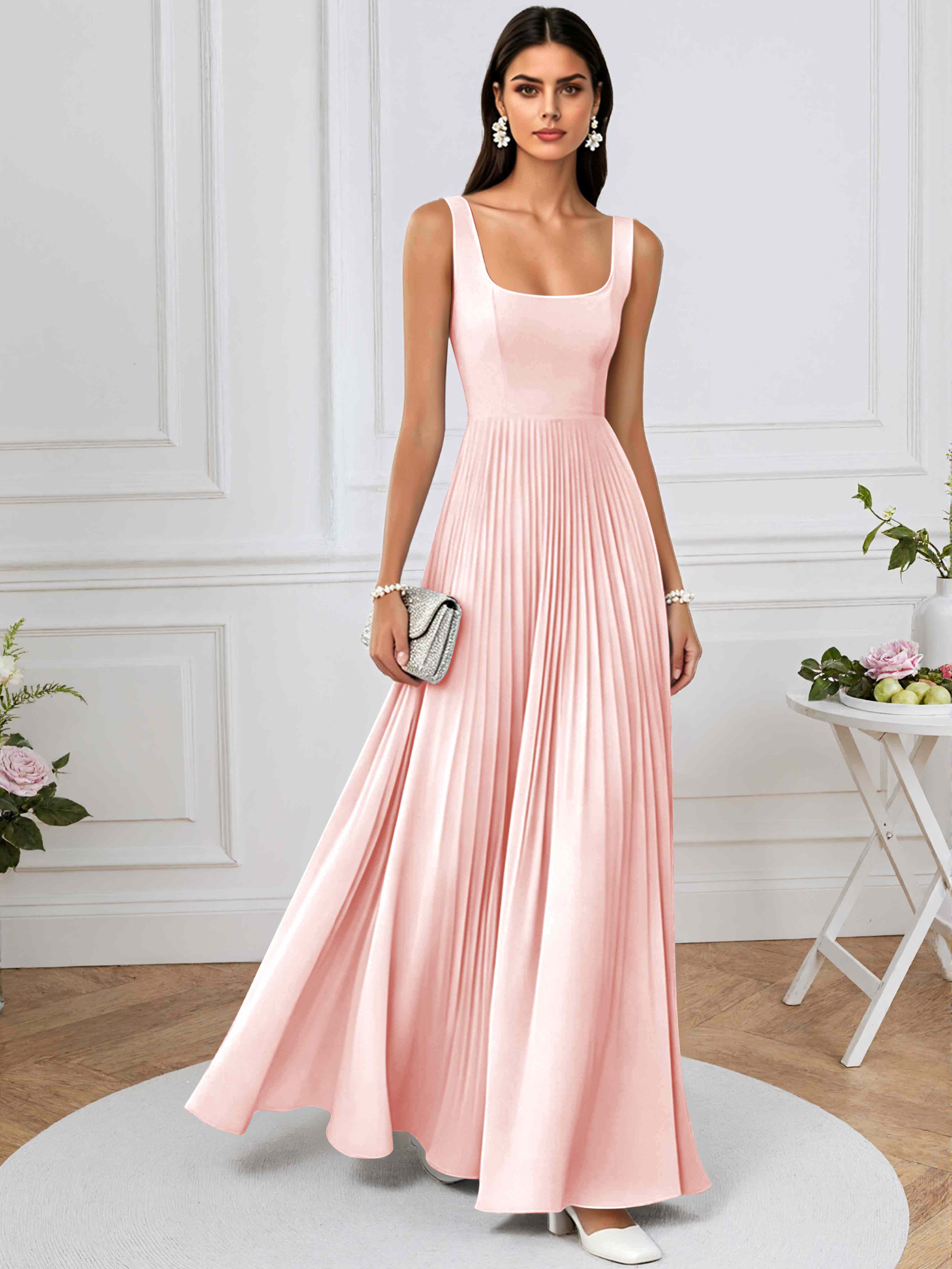 ROVDESY A-Line Square Neck Pleated Chiffon Long Bridesmaid/Prom Dress