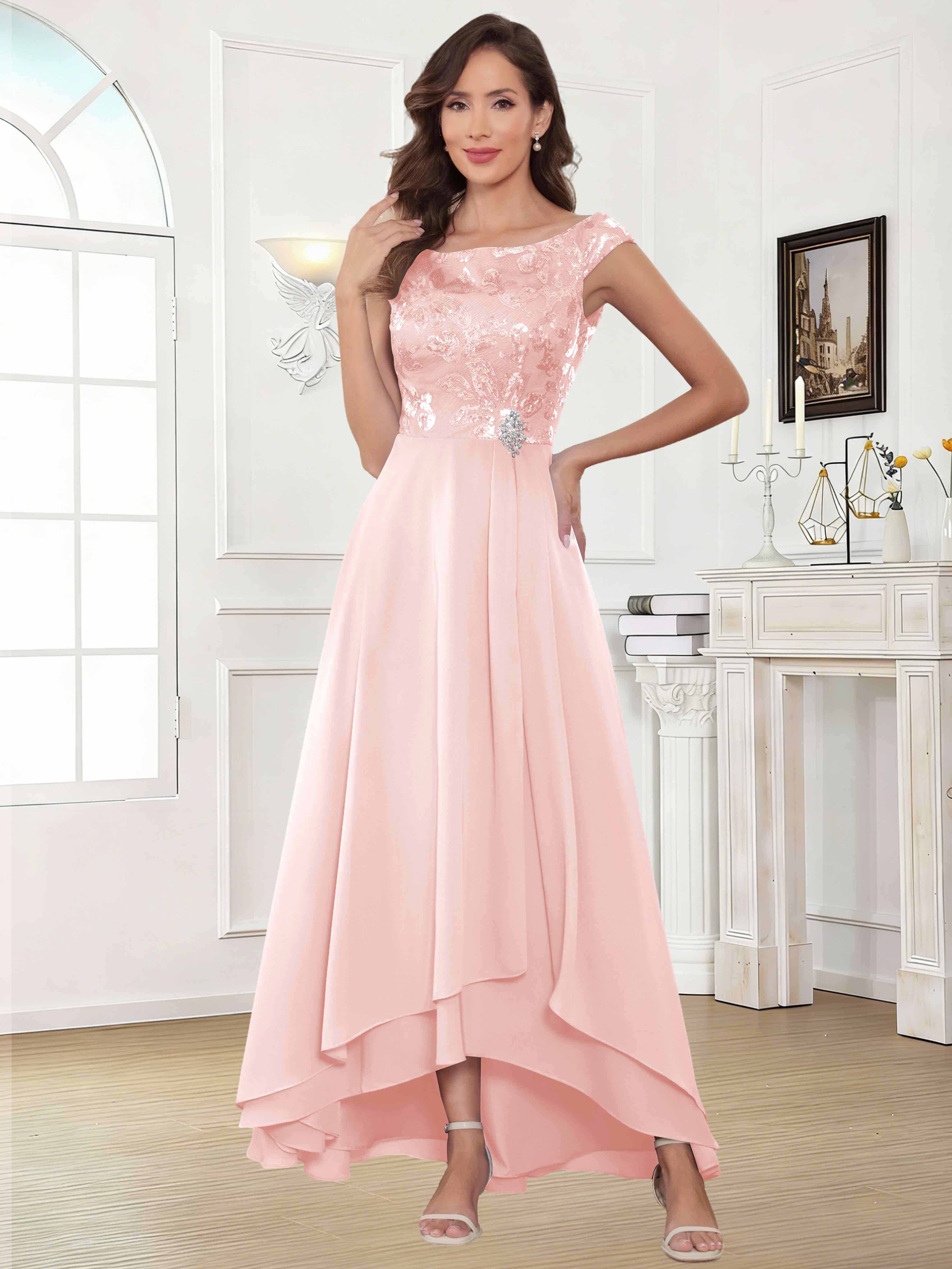 ROVDESY Tea Length Off-The-Shoulder Sequin Chiffon Mother Of The Bride Dress