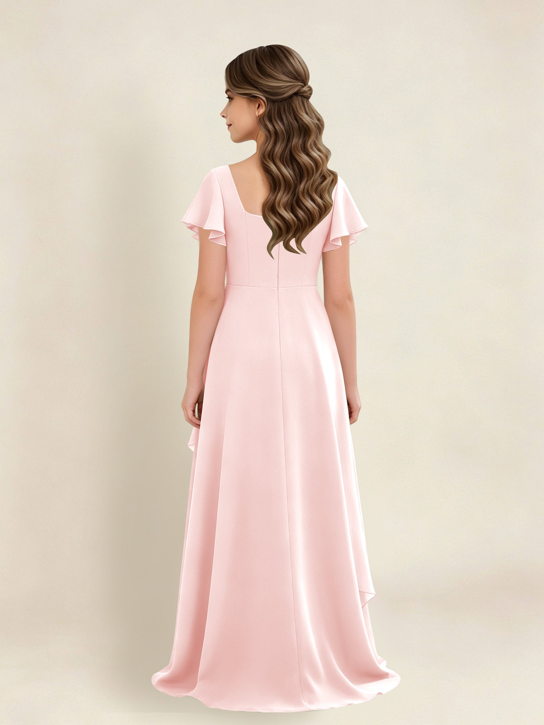 ROVDESY A-Line Square Neck Ruffle Chiffon Junior Bridesmaid Dress With Short Sleeves