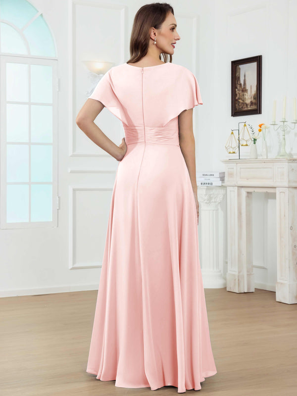 A-Line V-Neck Pleated Lace Chiffon Mother Of The Bride Dress With Short Sleeves