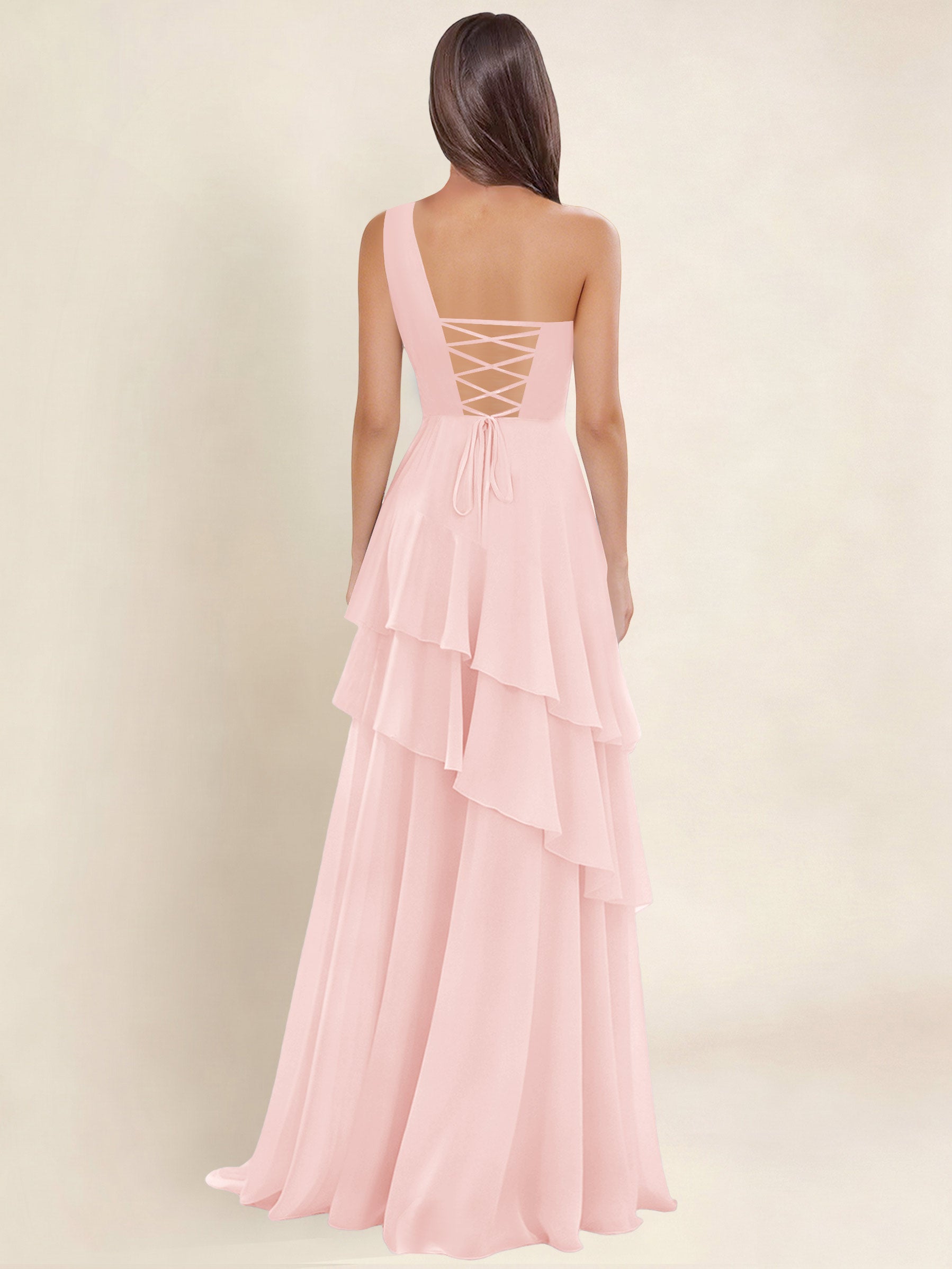 ROVDESY A-Line One Shoulder Pleated Tiered Chiffon Bridesmaid Dress