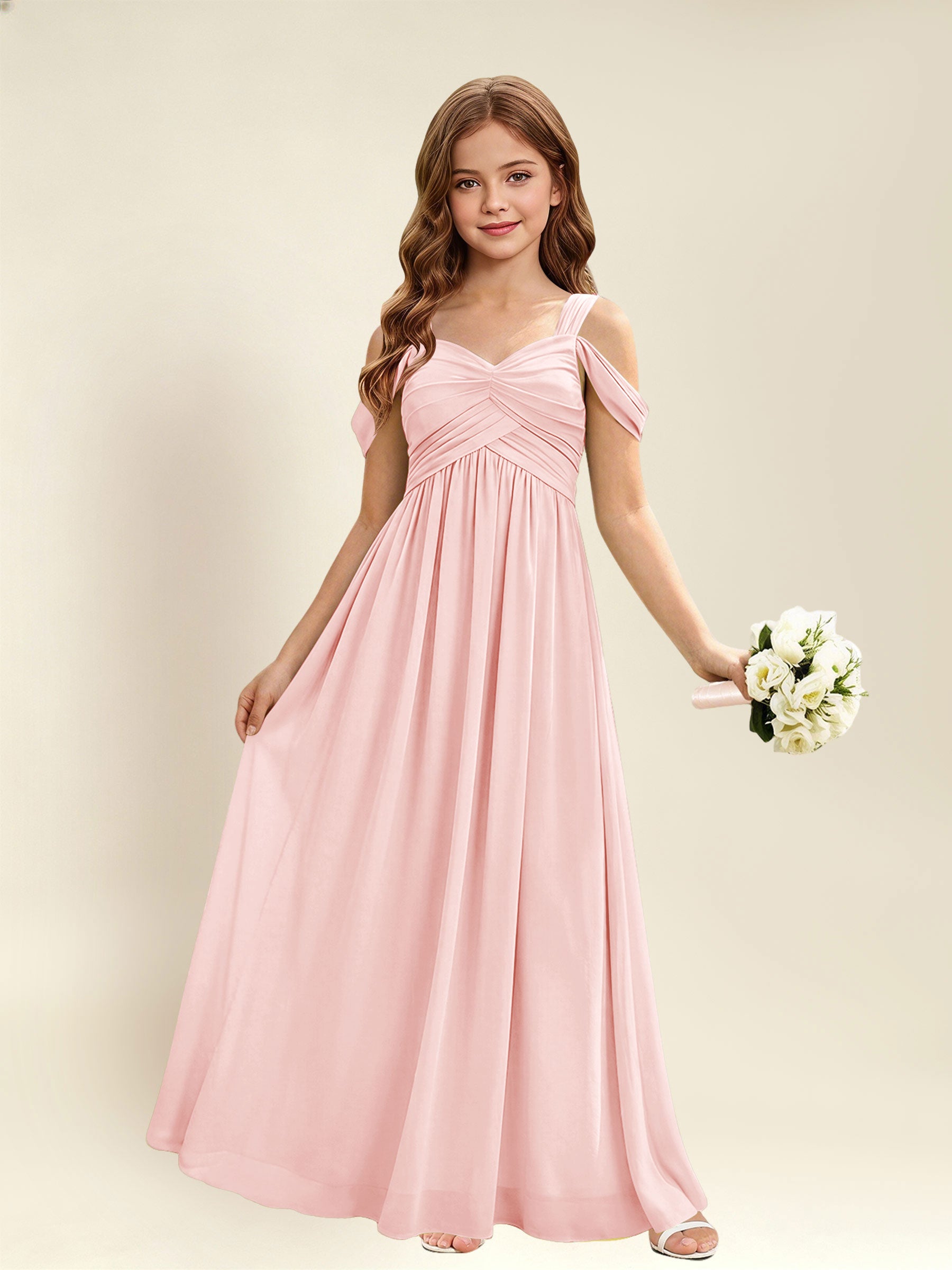 ROVDESY A-Line Off The Shoulder Pleated Chiffon Junior Bridesmaid Dress