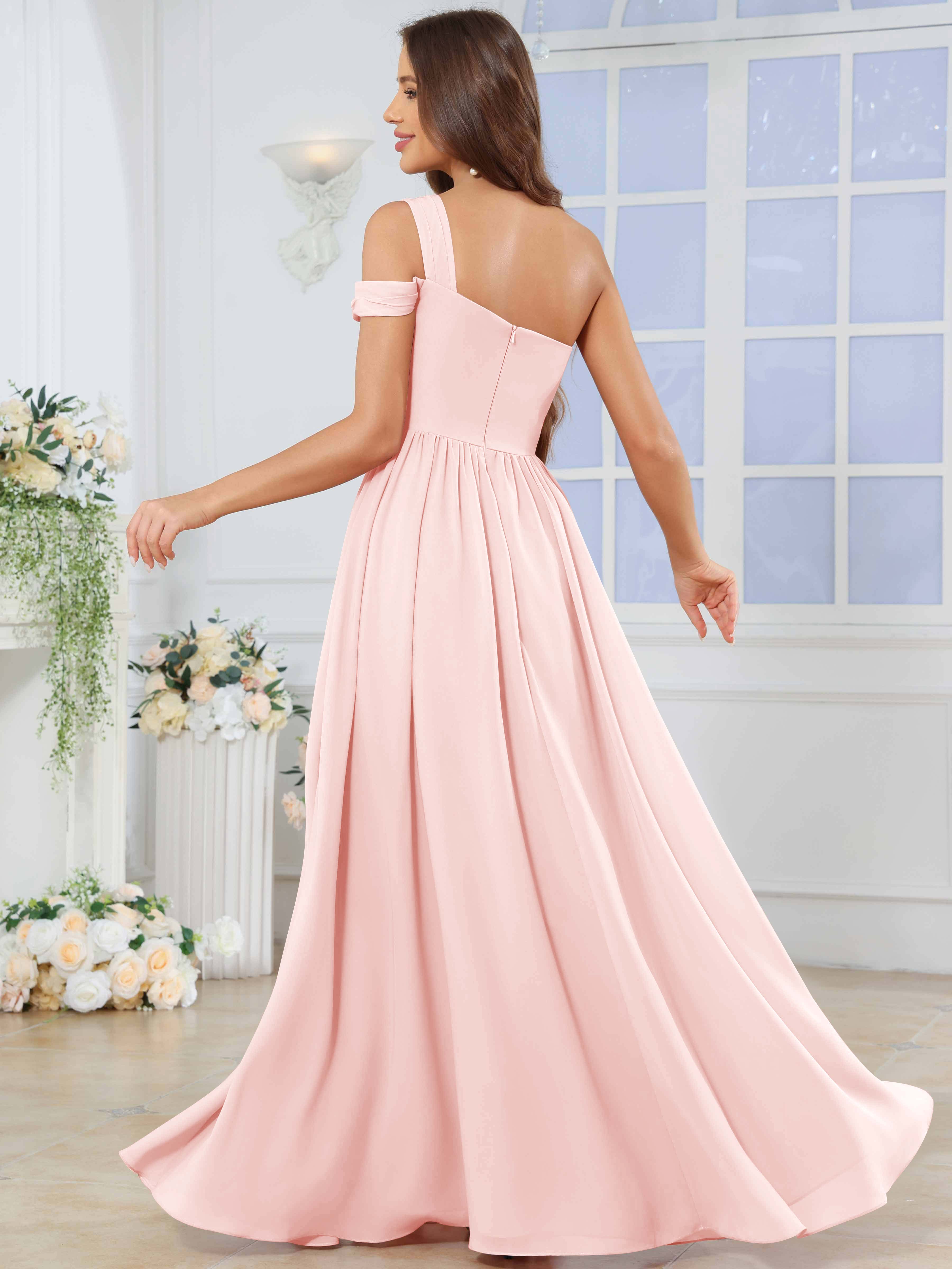 ROVDESY One Shoulder Pleated Chiffon Bridesmaid Dress With Slit