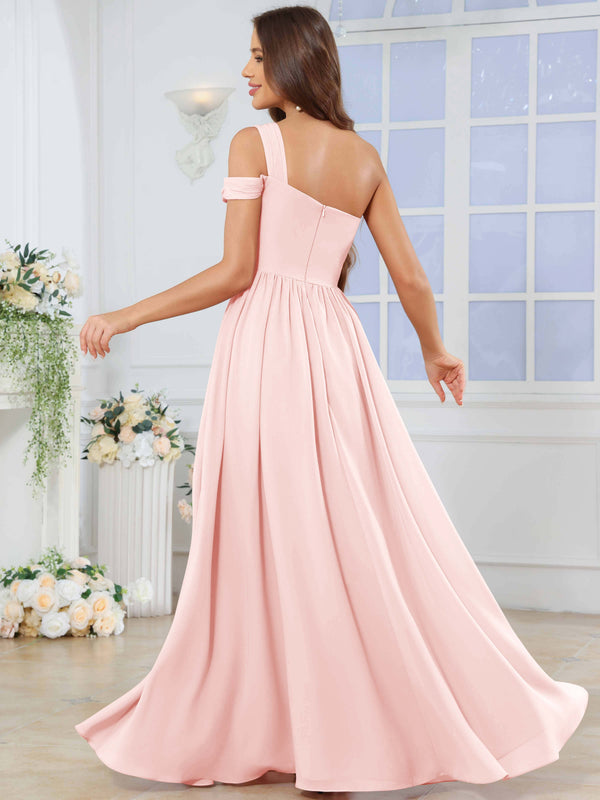 One Shoulder Pleated Chiffon Bridesmaid Dress With Slit