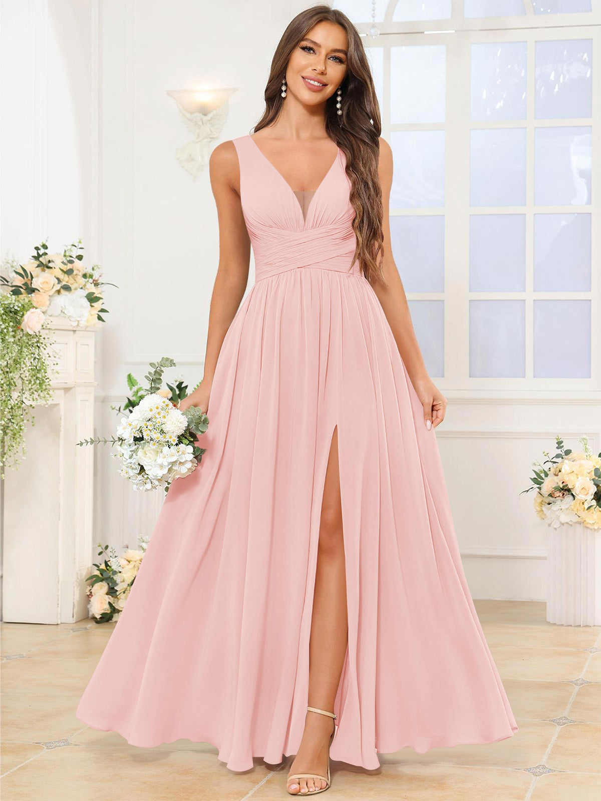 V Neck Chiffon A Line Bridesmaid Dress with Slit