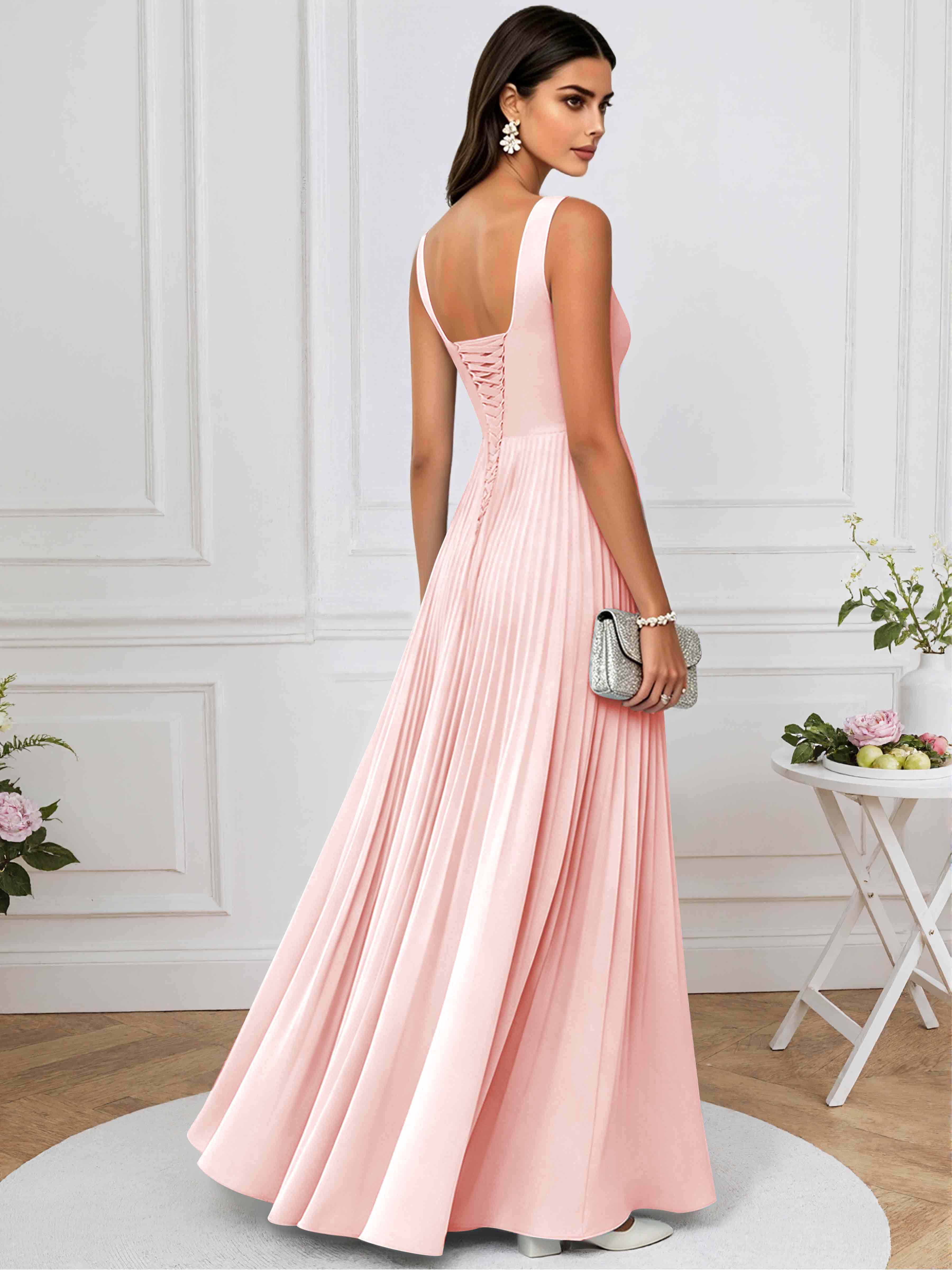 ROVDESY A-Line Square Neck Pleated Chiffon Long Bridesmaid/Prom Dress