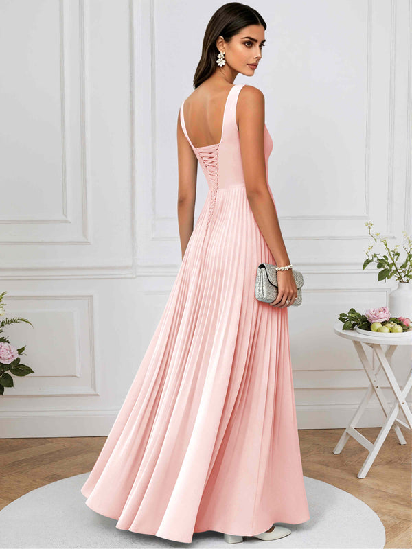 A-Line Square Neck Pleated Chiffon Long Bridesmaid/Prom Dress