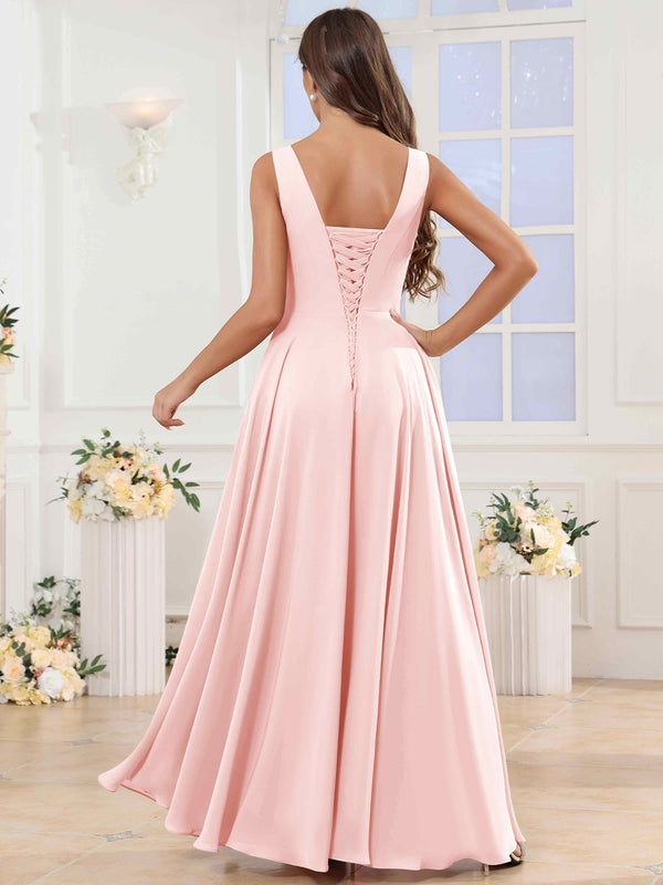 V-Neck Pleated Sleeveless Ruffle Chiffon Bridesmaid Dress With Slit