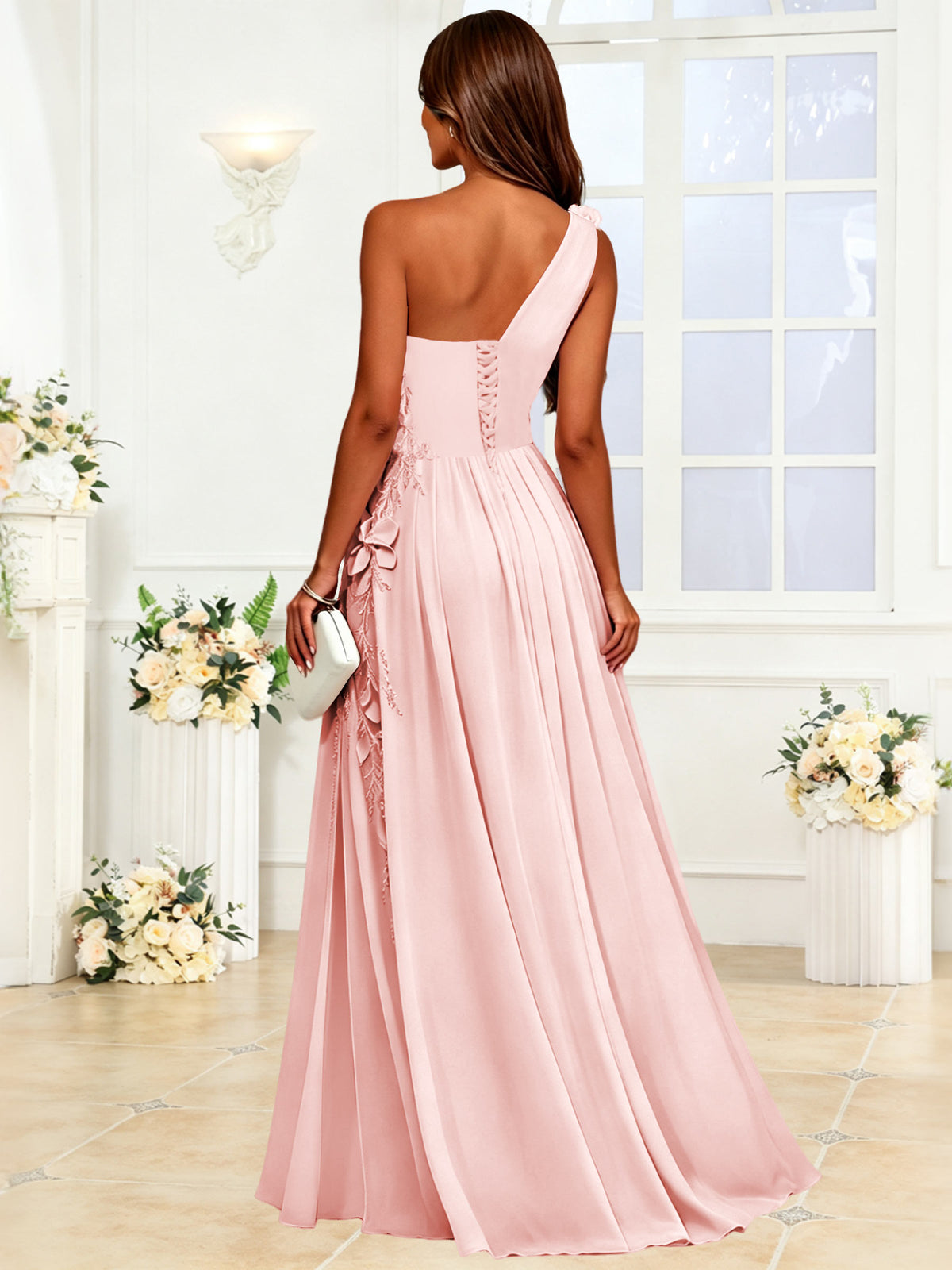 One Shoulder 3D Flower Chiffon Bridesmaid Dress with Slit