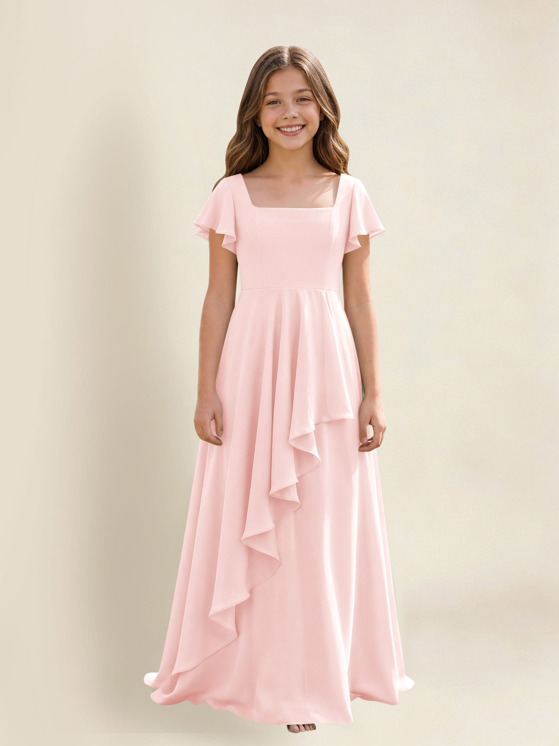 ROVDESY A-Line Square Neck Ruffle Chiffon Junior Bridesmaid Dress With Short Sleeves