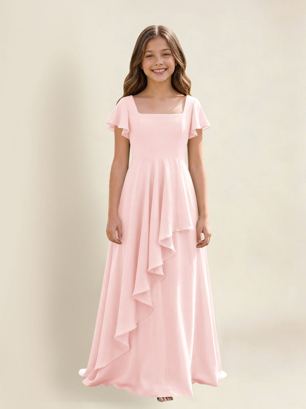 A-Line Square Neck Ruffle Chiffon Junior Bridesmaid Dress With Short Sleeves